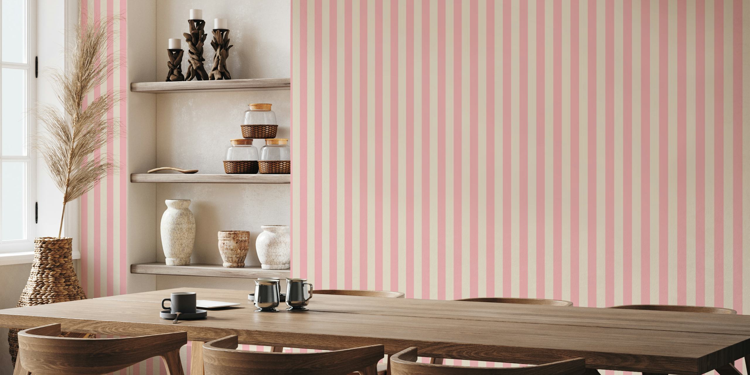 Carta da parati Pink and Soft Beige Medium Stripes in una stanza