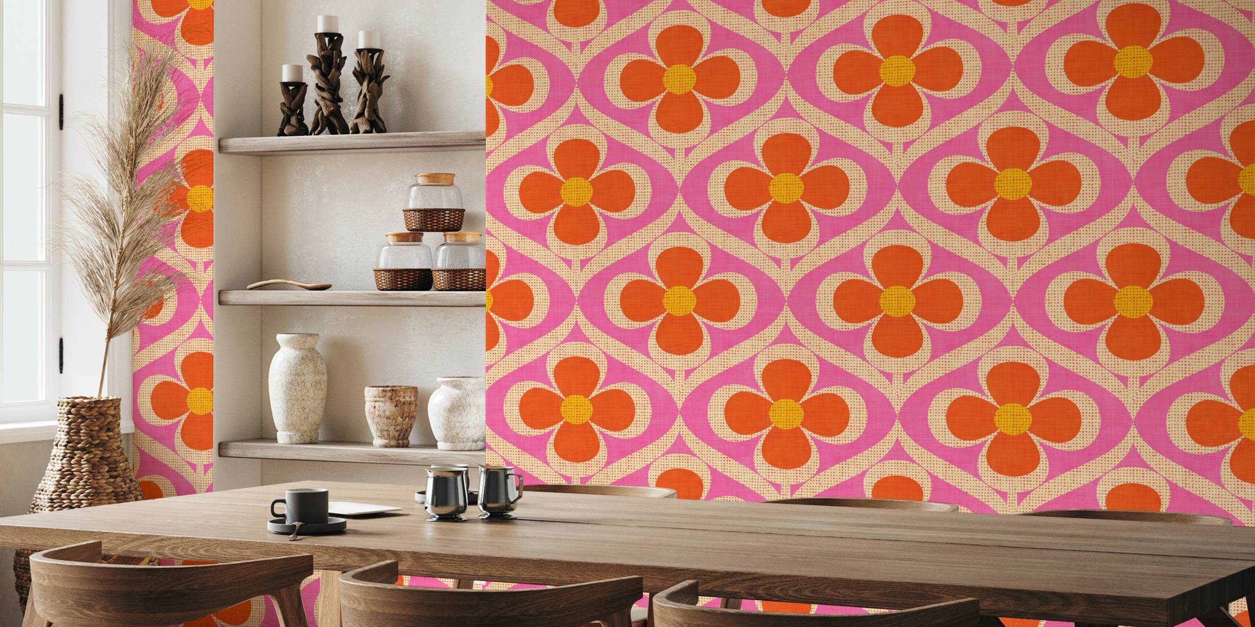 Orange and pink floral pattern with abstract shapes wallpaper