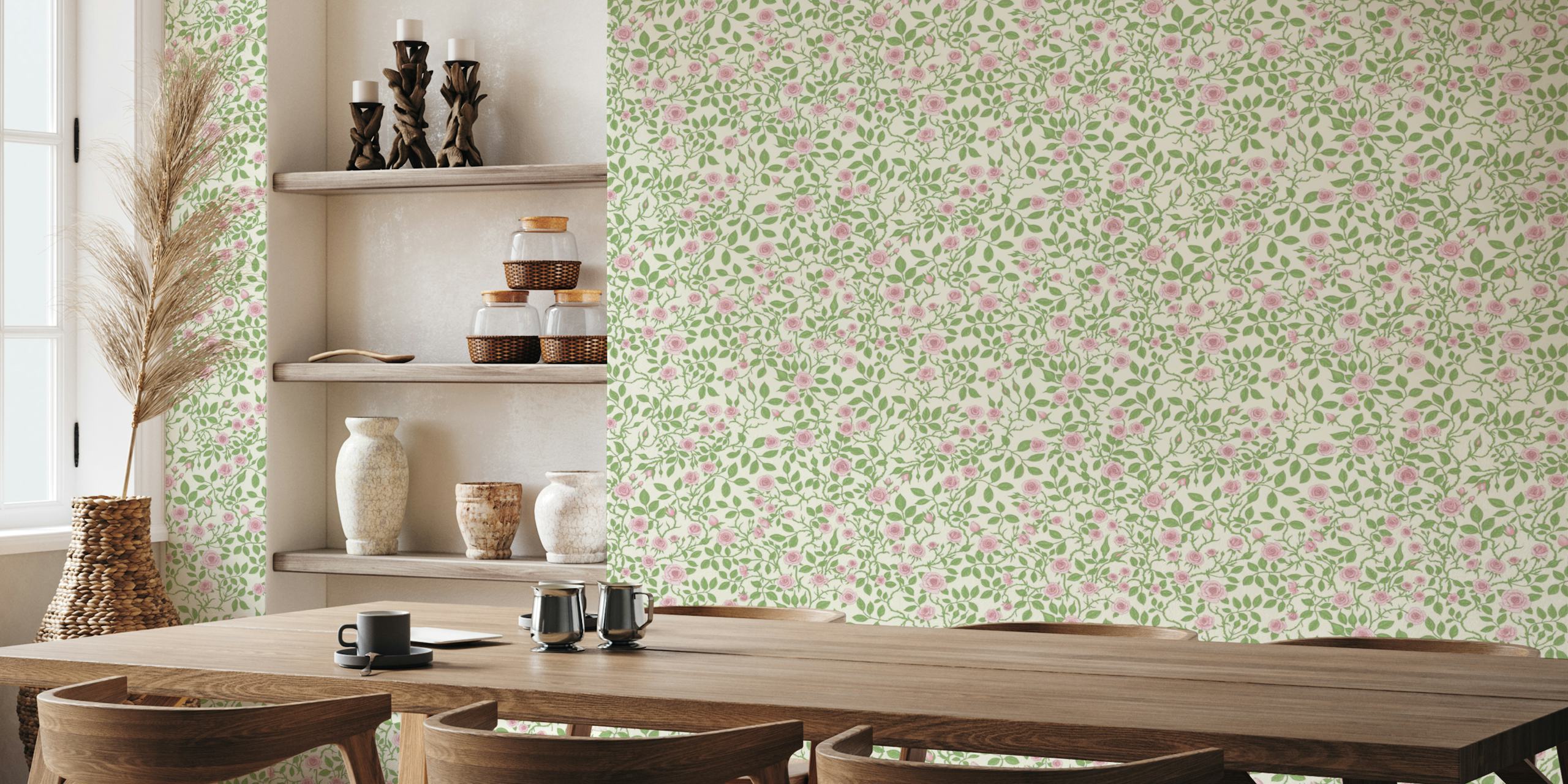 Pink roses with green leaves on cream background wallpaper