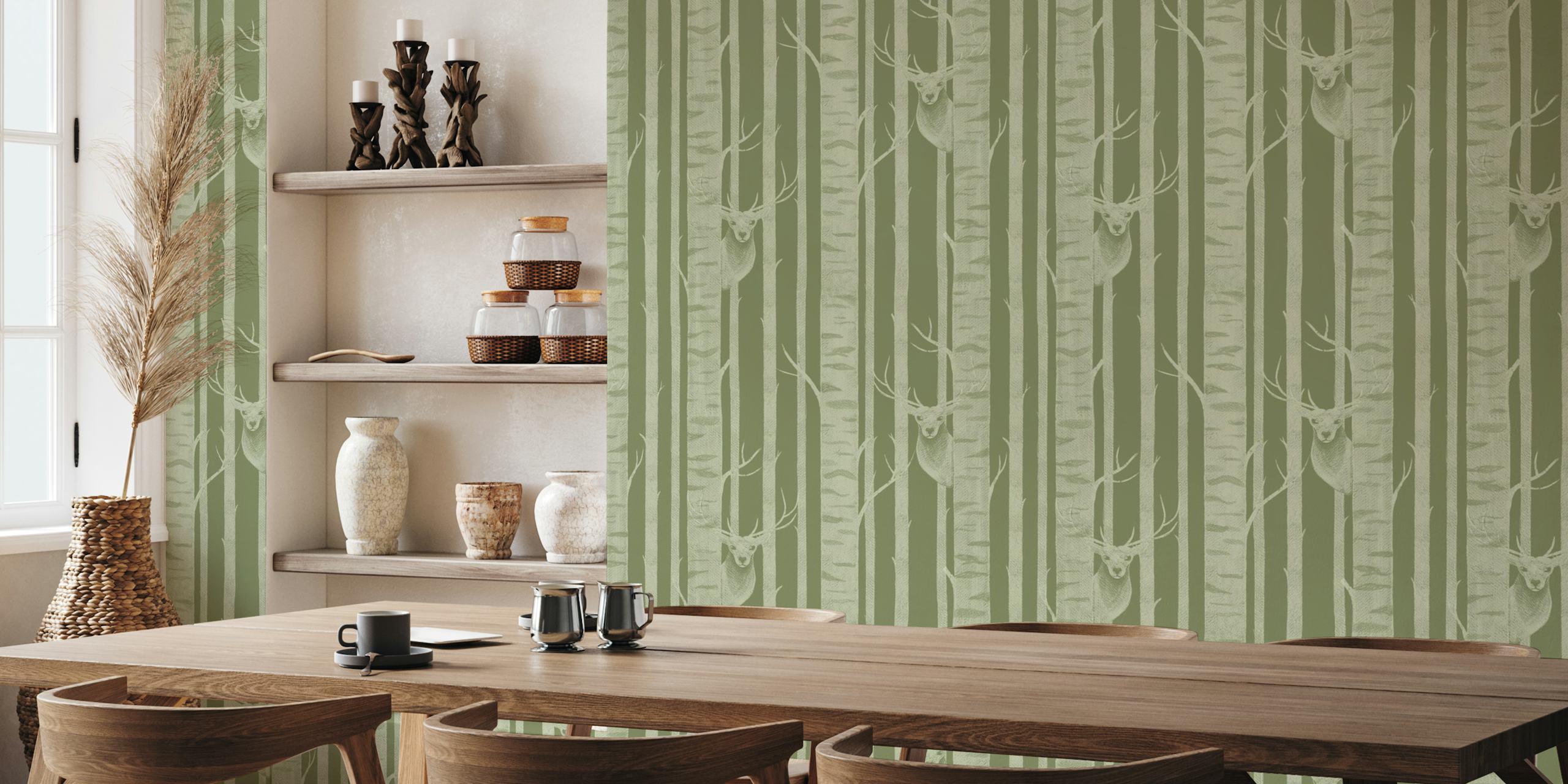 Sage green deer and trees wallpaper design