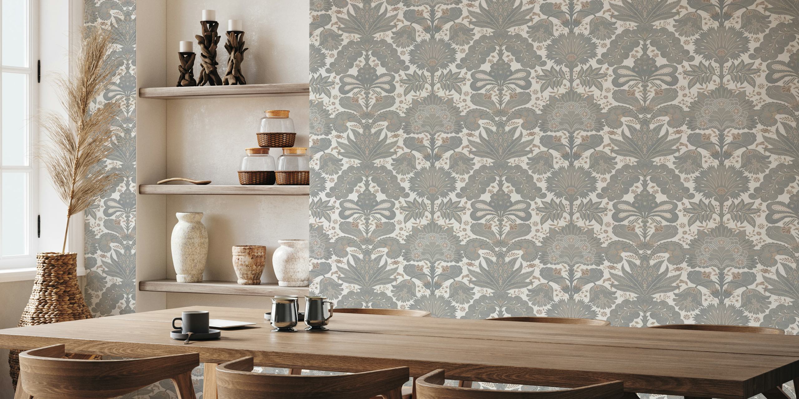 Grey and beige floral damask pattern wallpaper