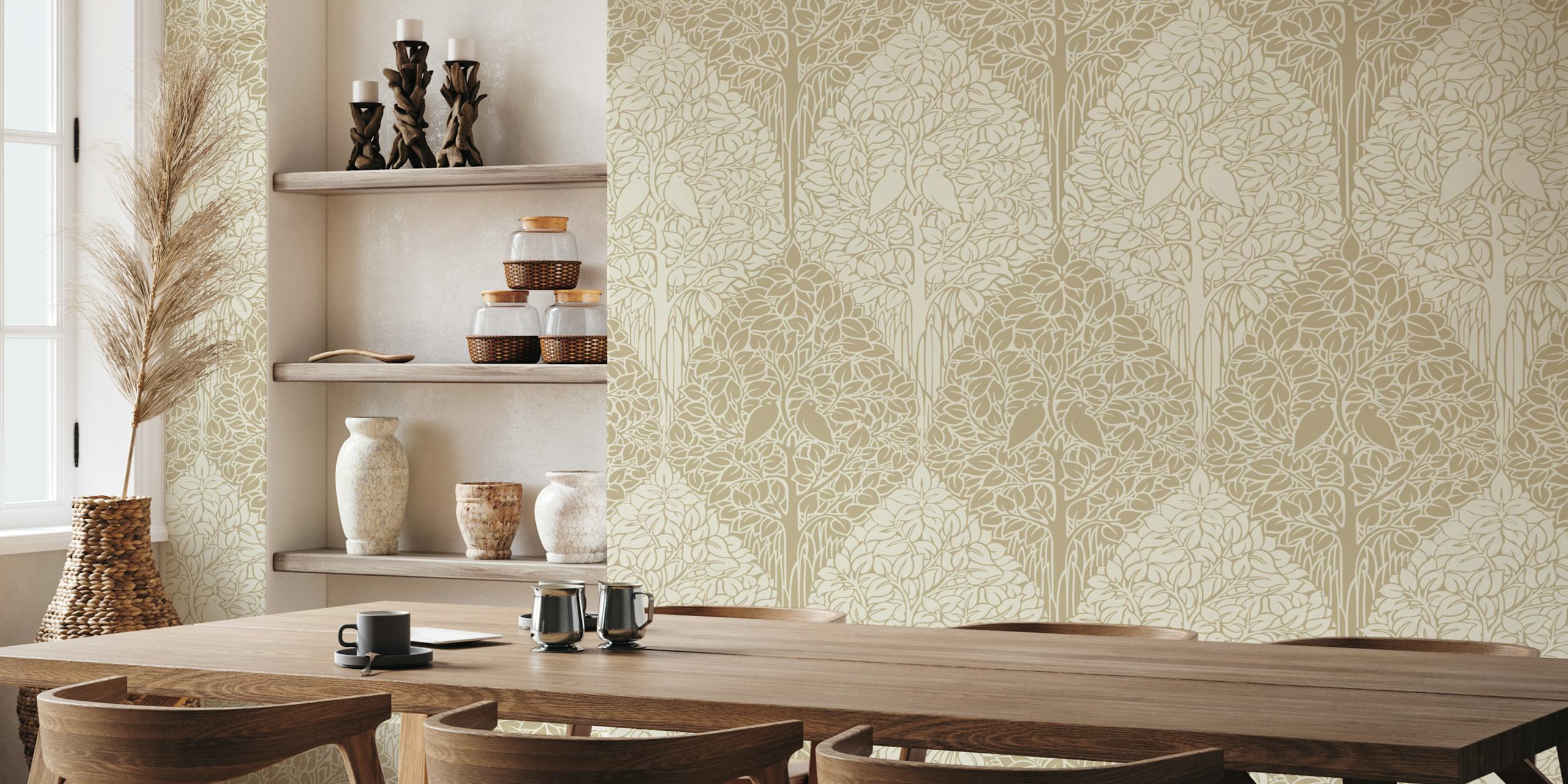 Birds and trees in beige tones inspired wallpaper