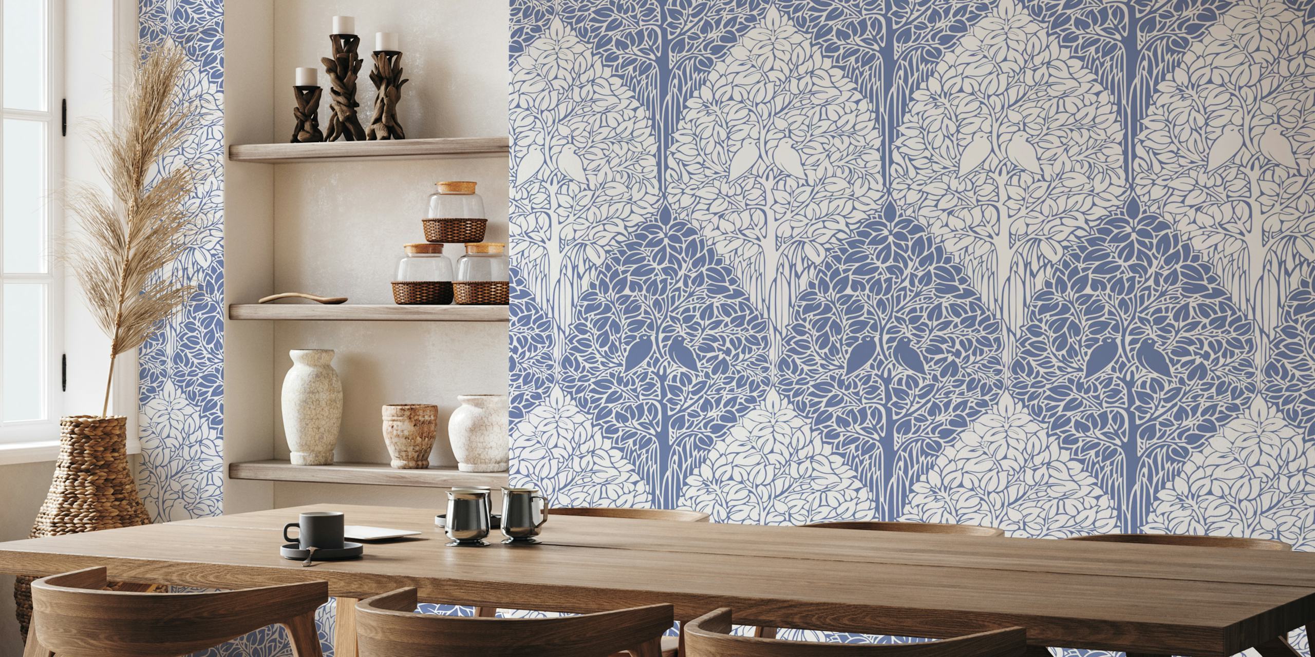 Blue and white birds among intricate floral trees wallpaper