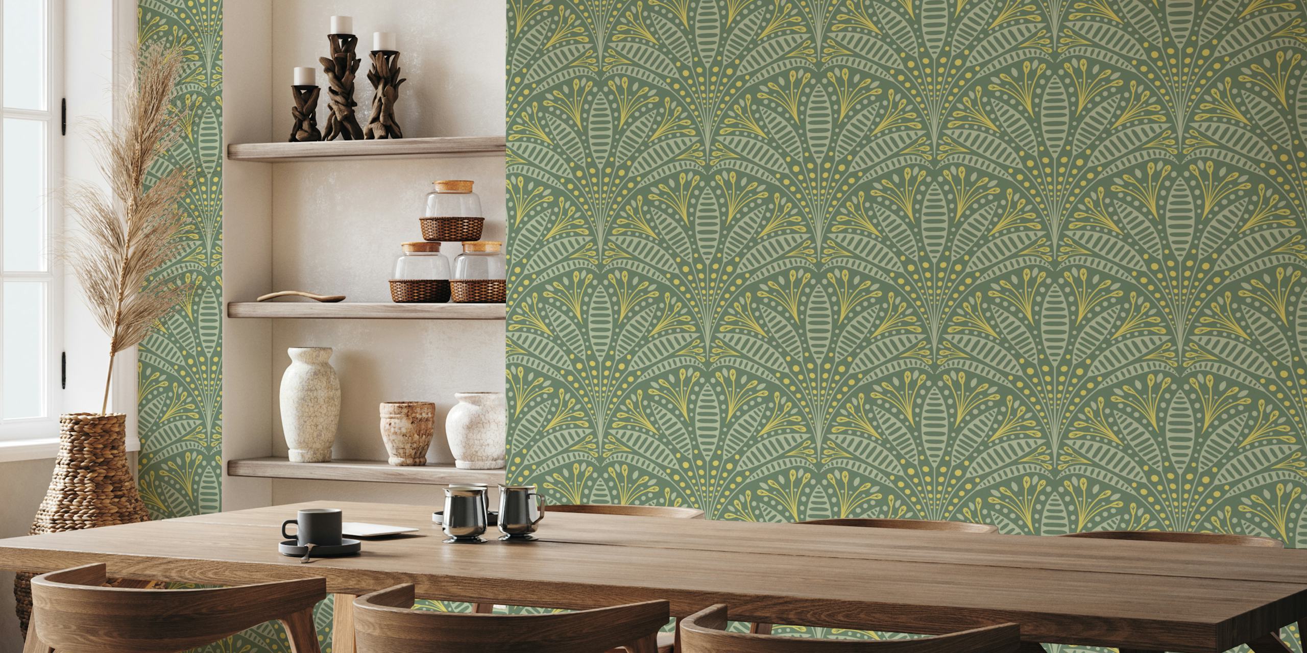 Green leafy floral pattern wallpaper with yellow accents
