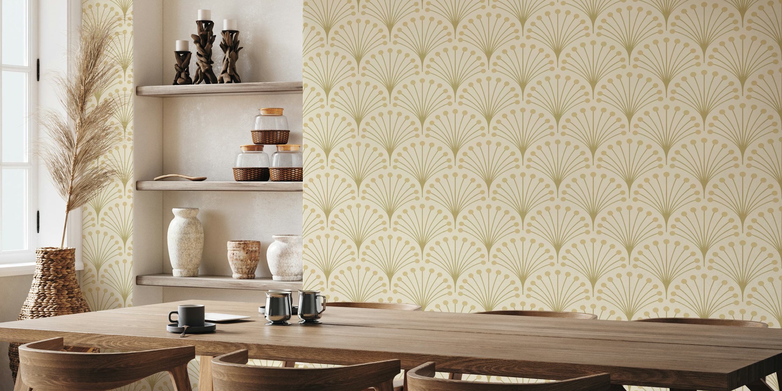 Beige art deco floral pattern wallpaper with fan shapes and dots