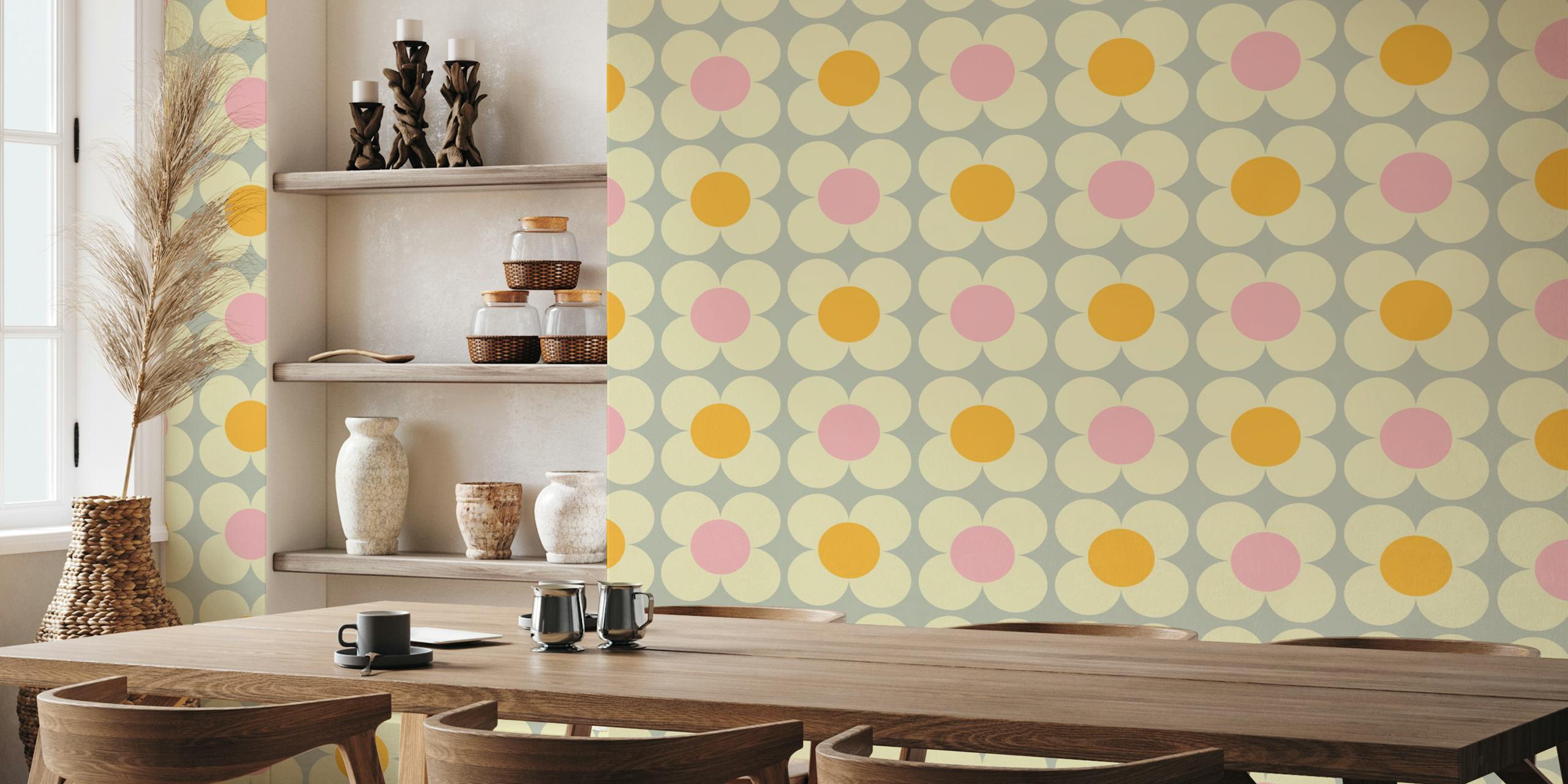 Retro floral pink yellow wallpaper featuring large rounded flowers.