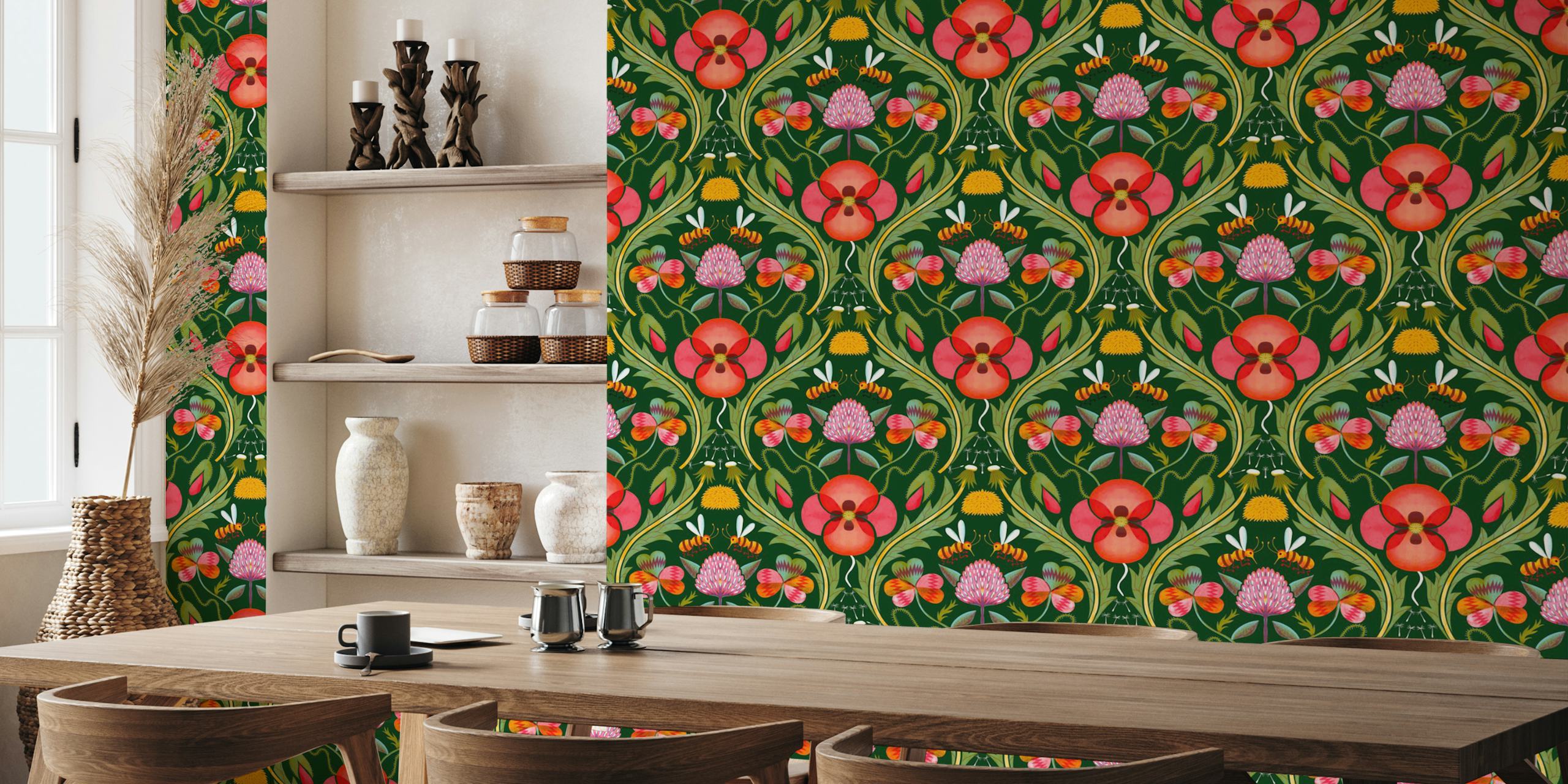 Colorful floral and bee pattern in bright colors wallpaper