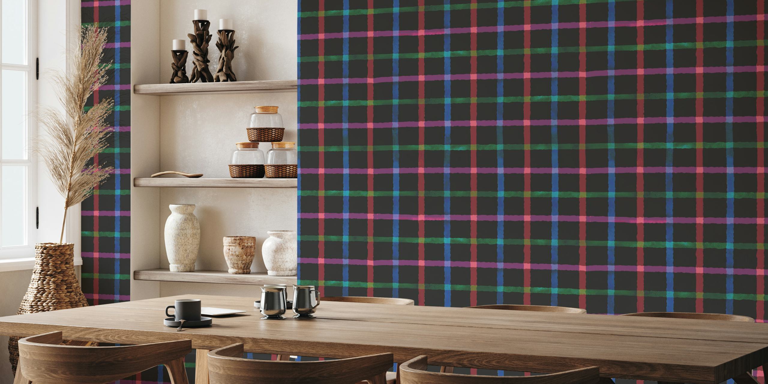 Ταπετσαρία Hand-Painted Check Dark Watercolor Plaid στο δωμάτιο