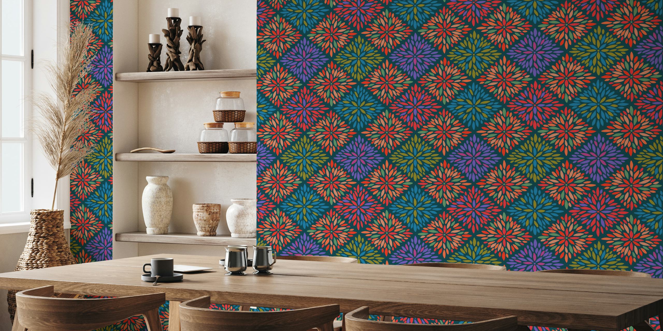 Colorful floral patterns in jewel tones on dark background wallpaper