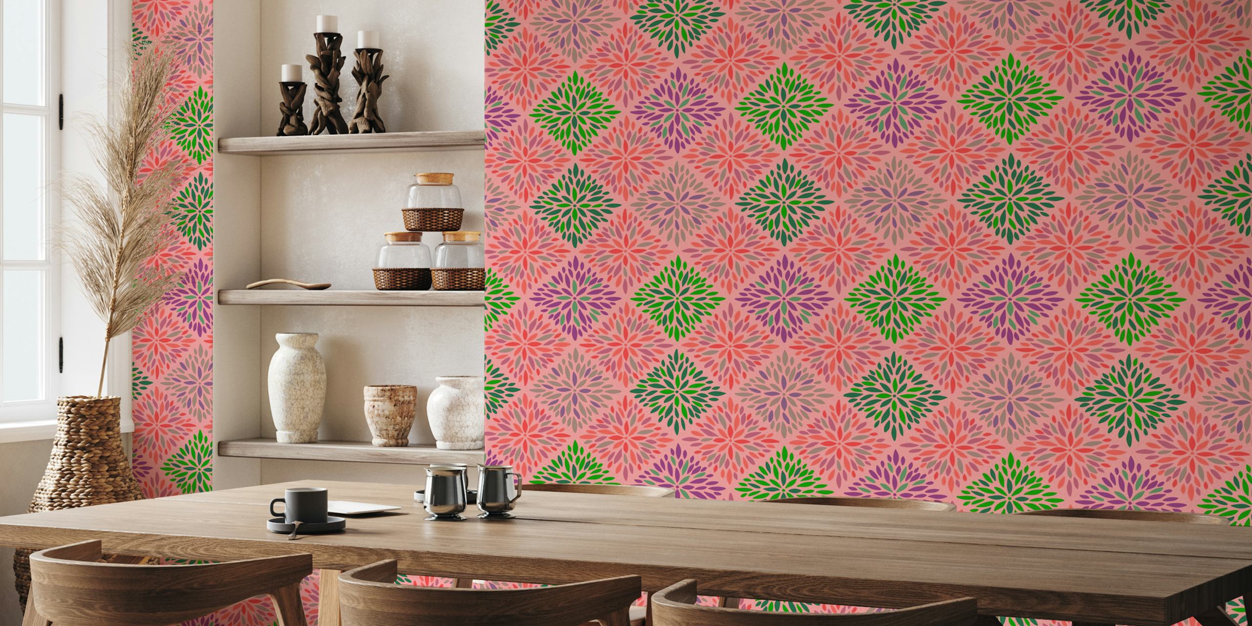Dahlia Diamonds Boho Floral Wallpaper σε ένα δωμάτιο