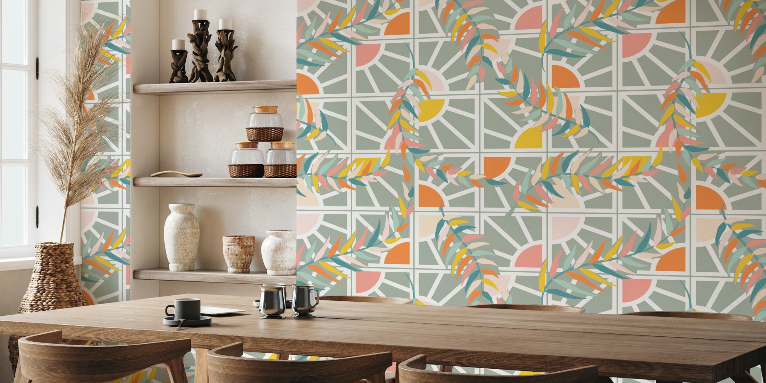 Botanical leaf patterns with pastel colors on gray background wallpaper