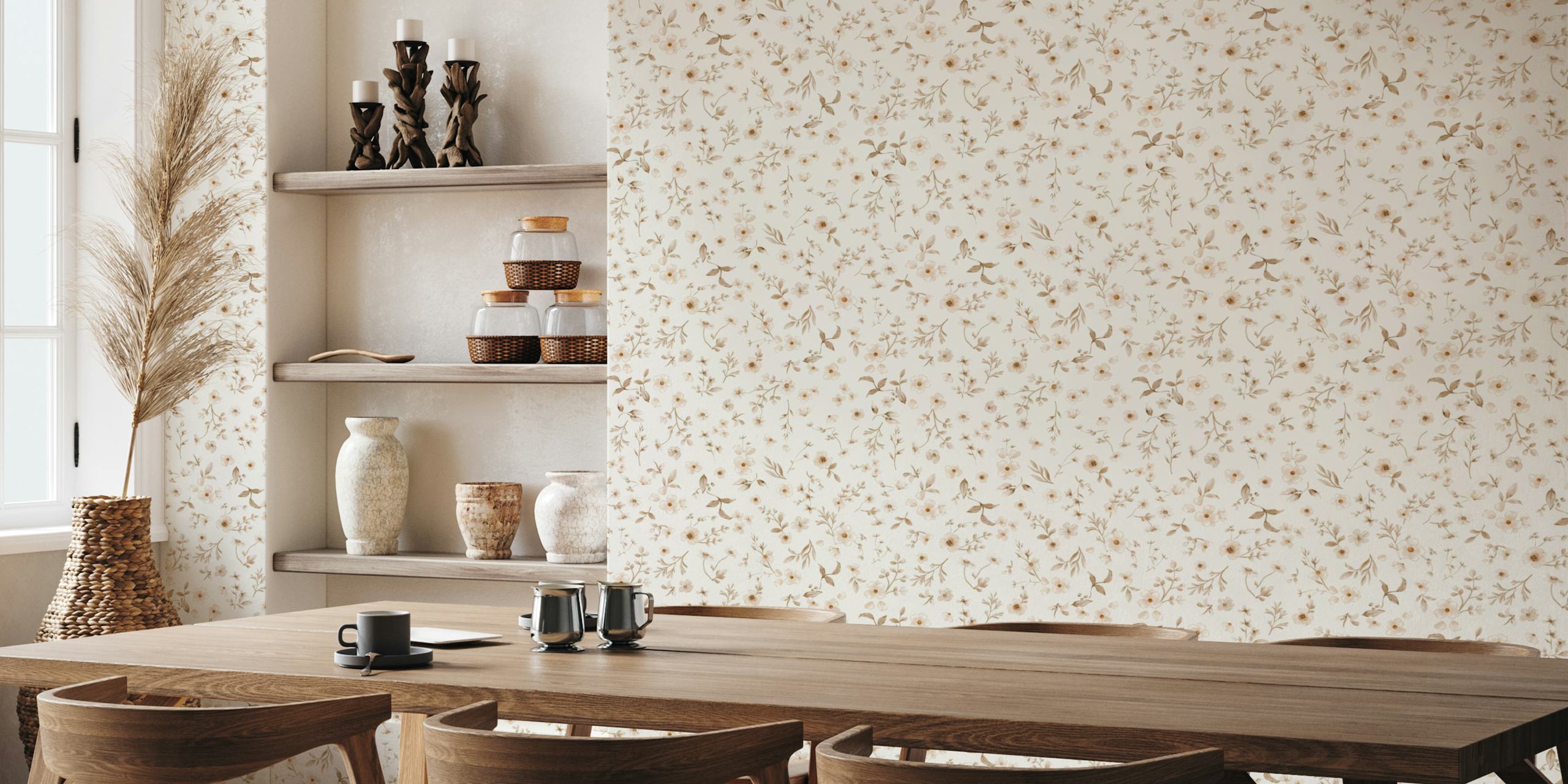 Floral wallpaper design in a room setting