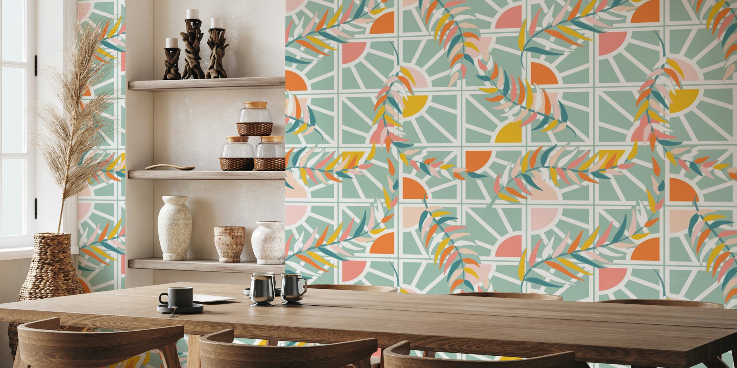 Leafy Sunburst Delight Tapetdesign in einem Raum