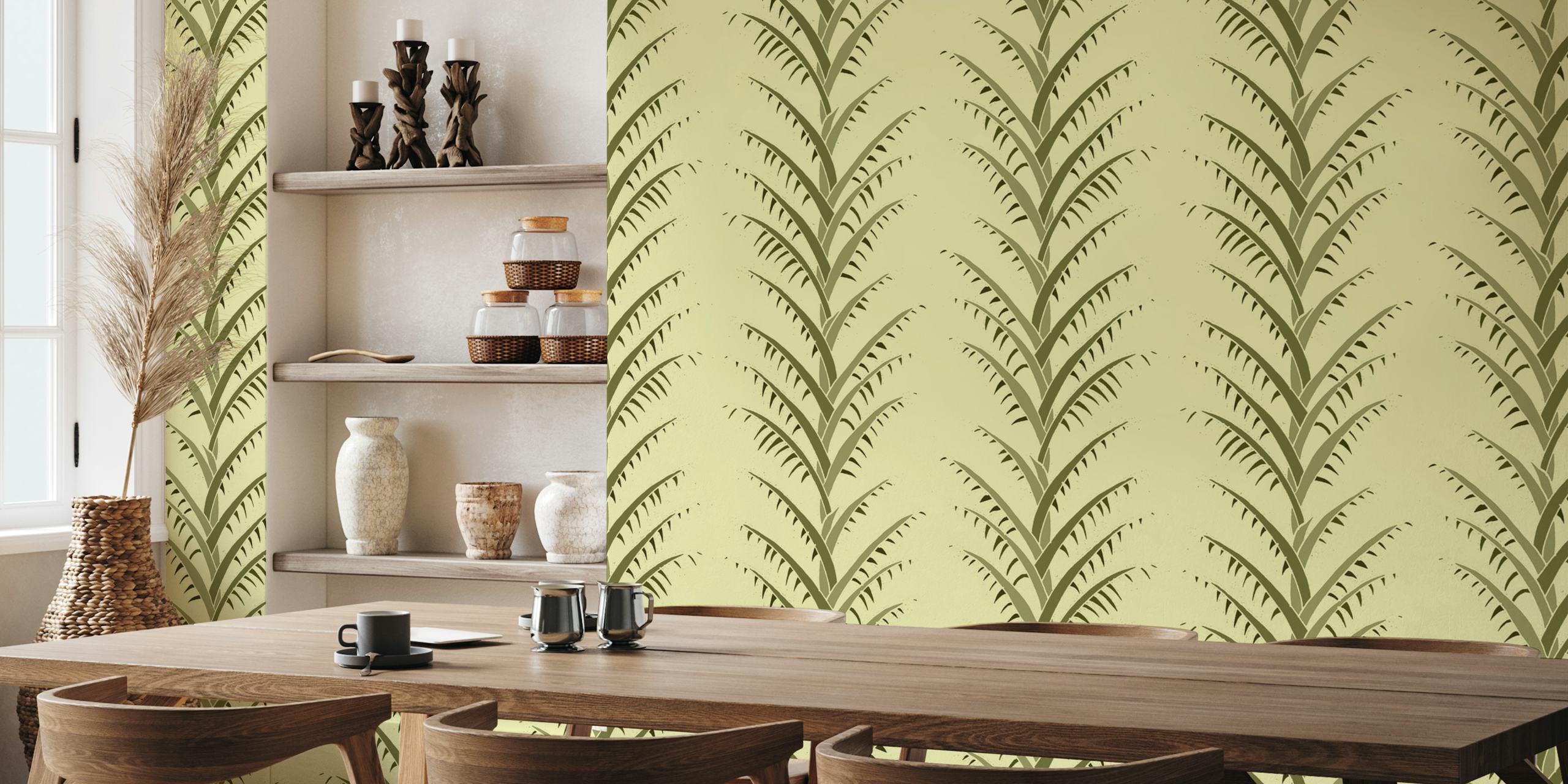 Olive Green Simple Palm Leaves Tapete in einem Raum