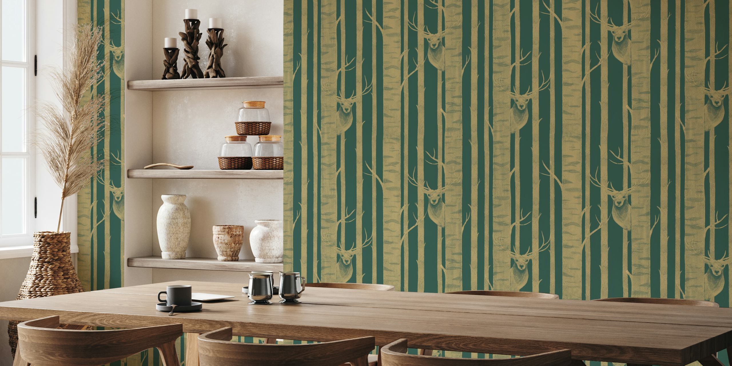 Deer in the Trees Dark Green wallpaper in room