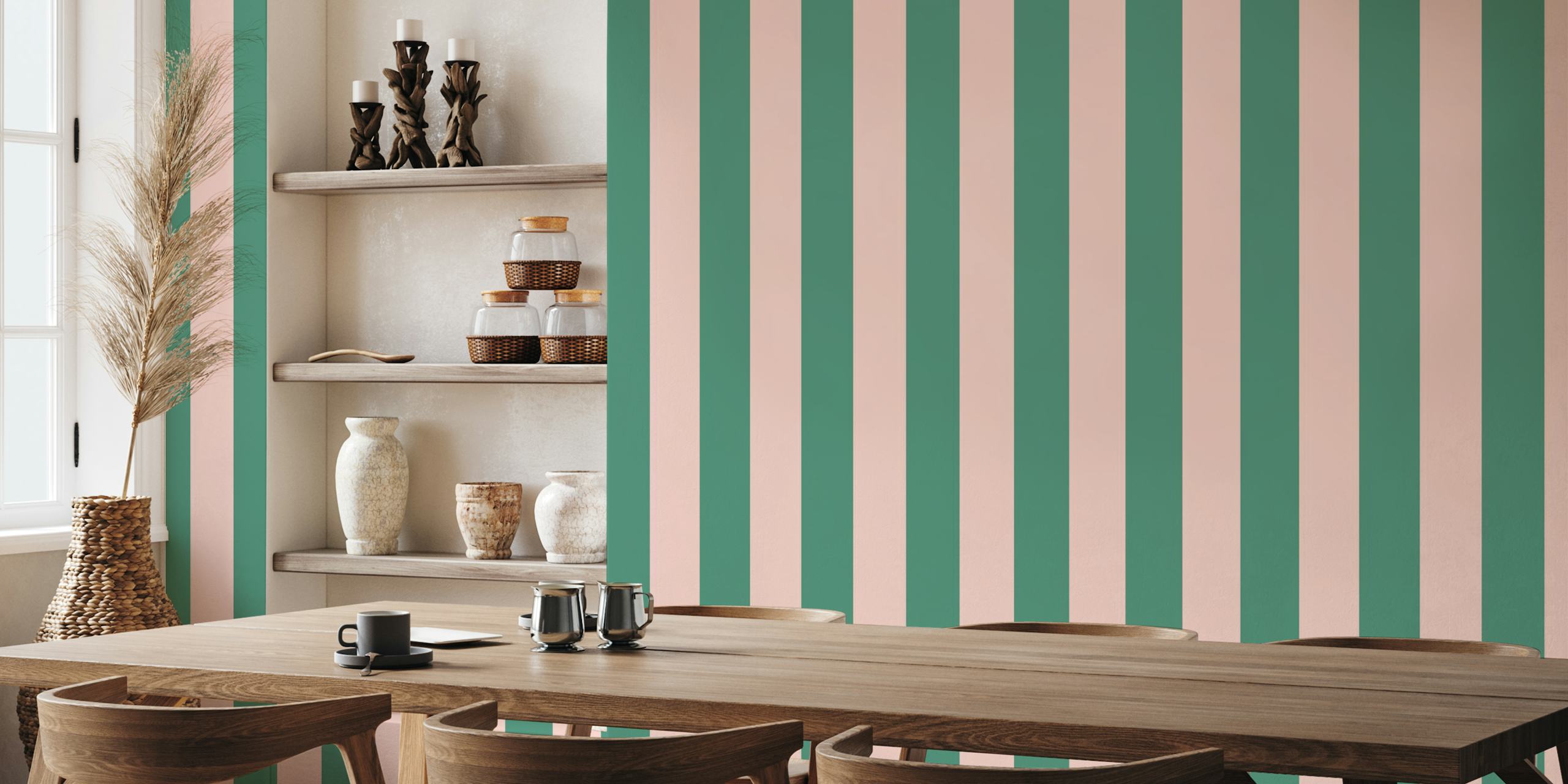 Pastel peach and green awning stripe wallpaper
