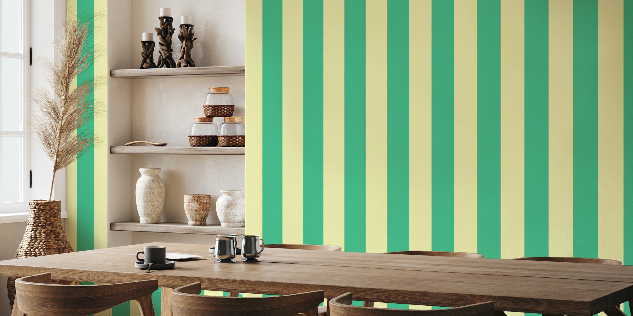 Pastel lemon yellow and green awning stripe wallpaper