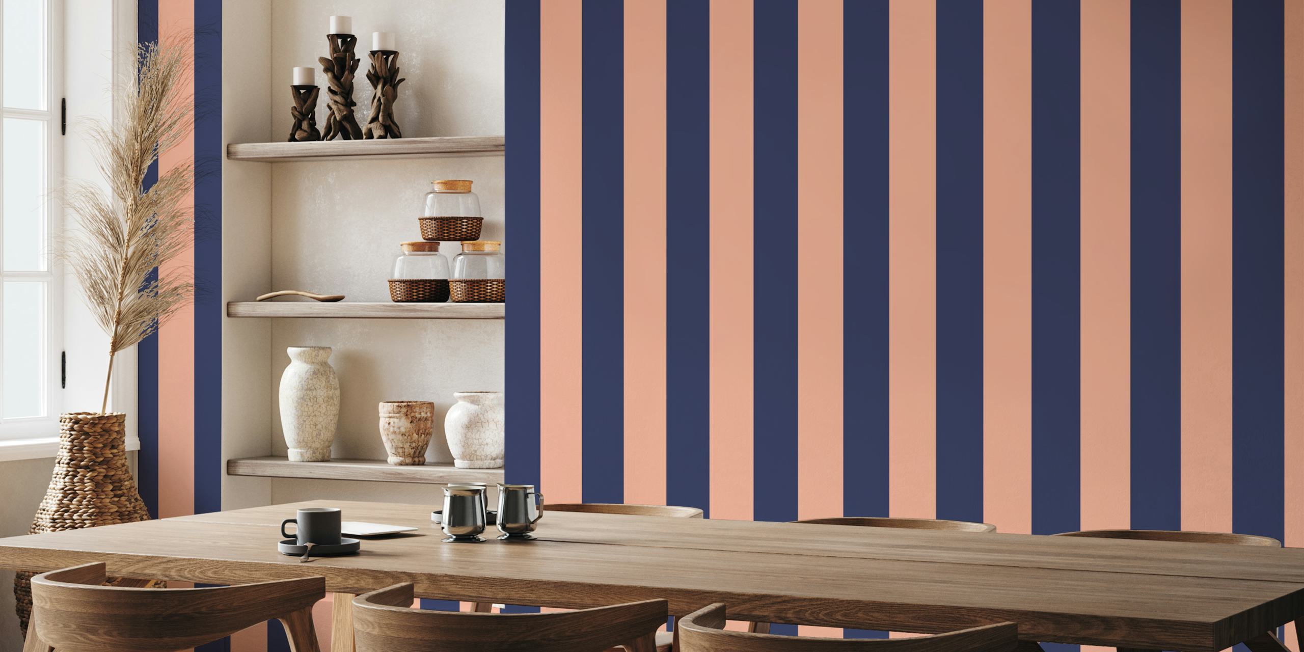 Horizontal peach and navy striped wallpaper design