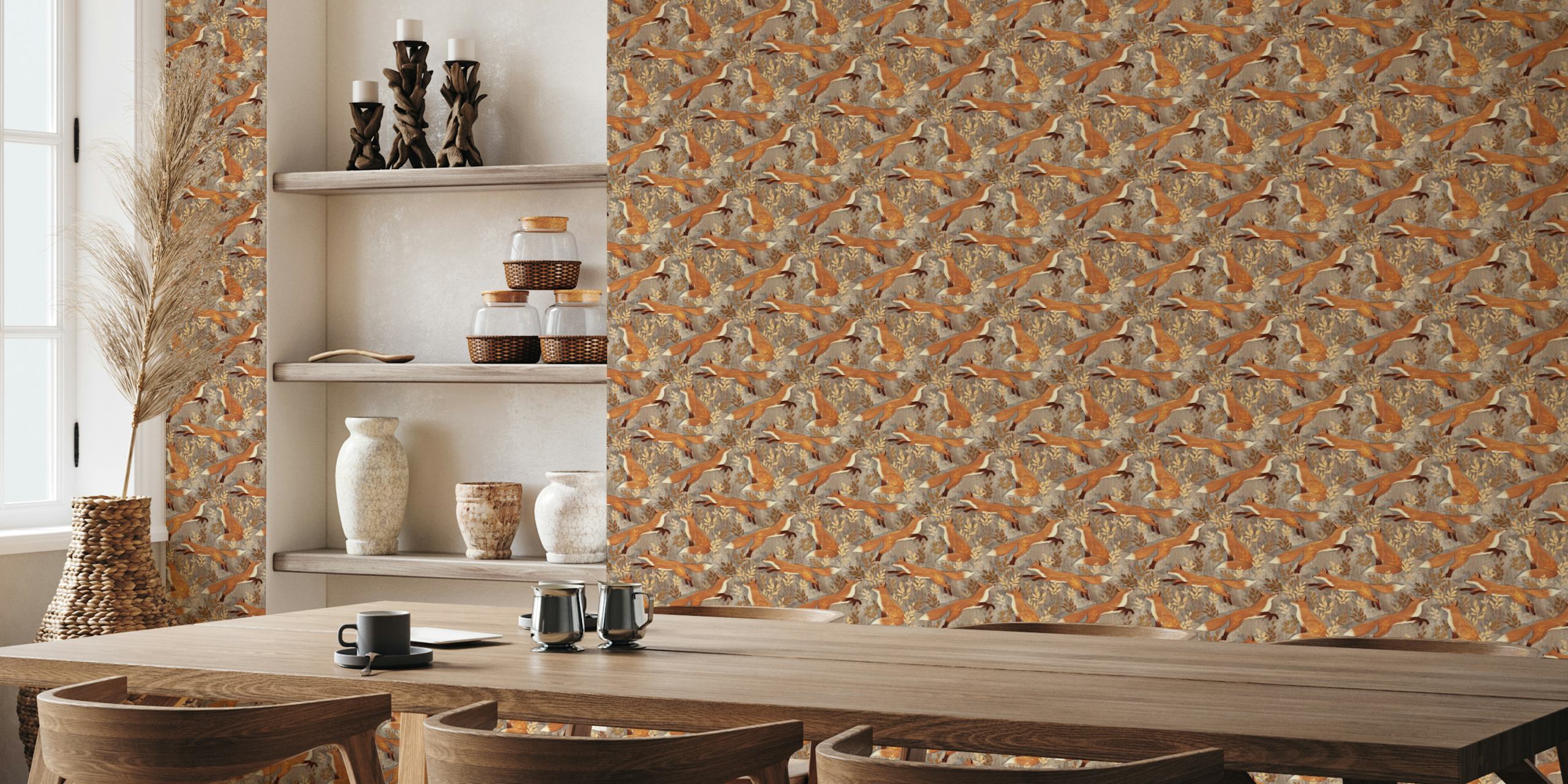 Playful foxes with leaves in warm colors wallpaper