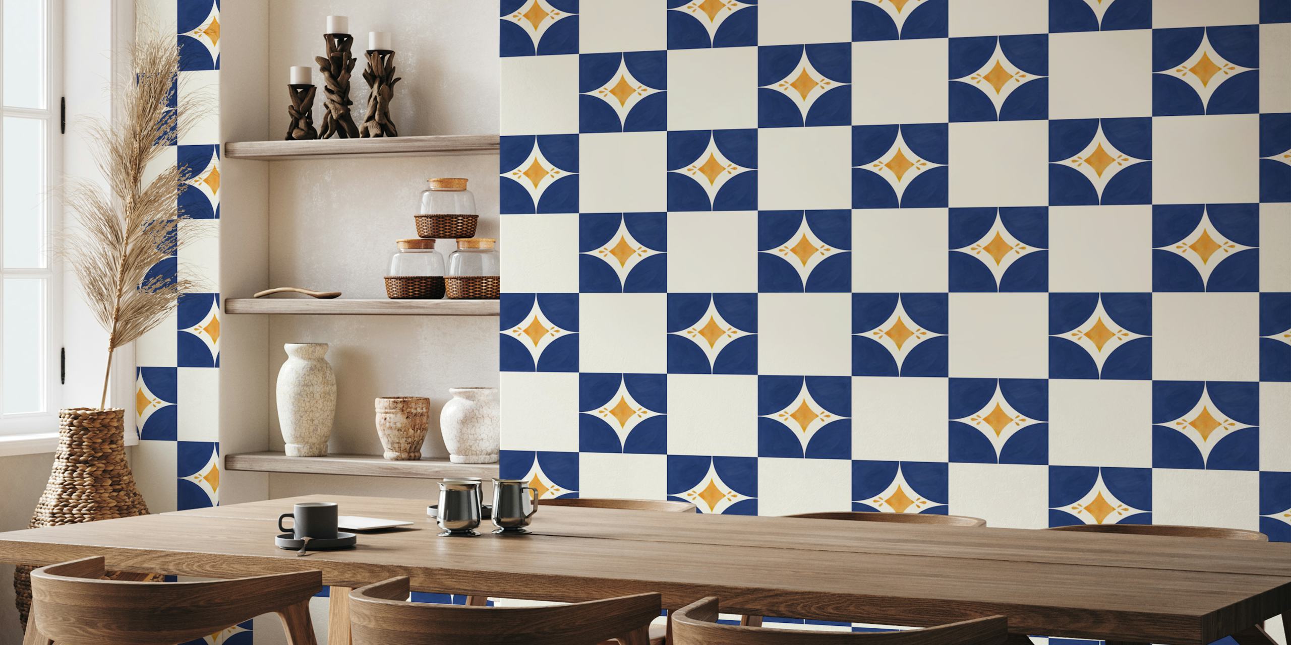 Blue and cream tile patterned wallpaper