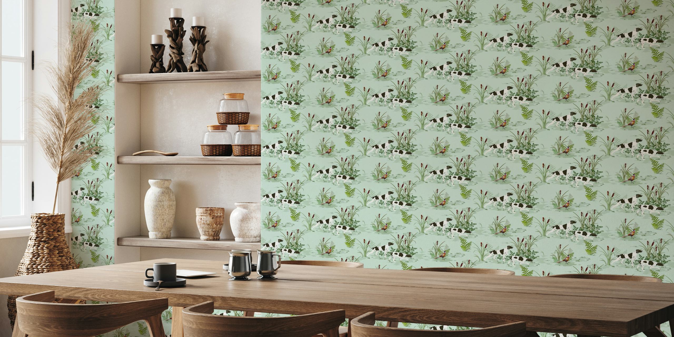 Vintage hunting dog scene with greenery and birds, ice blue wallpaper