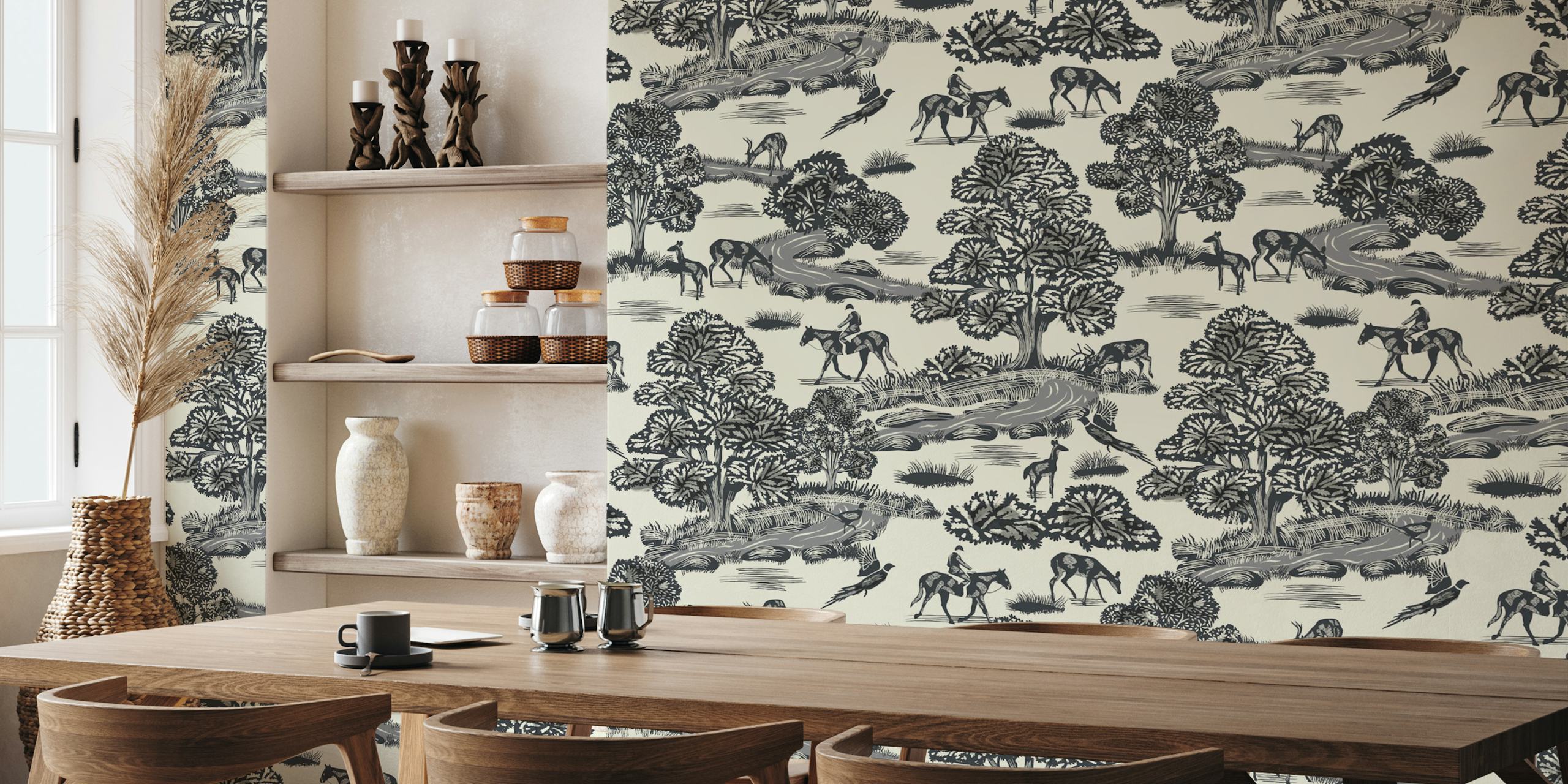 Animal scene wallpaper featuring black horses, trees, and plants on a light background.