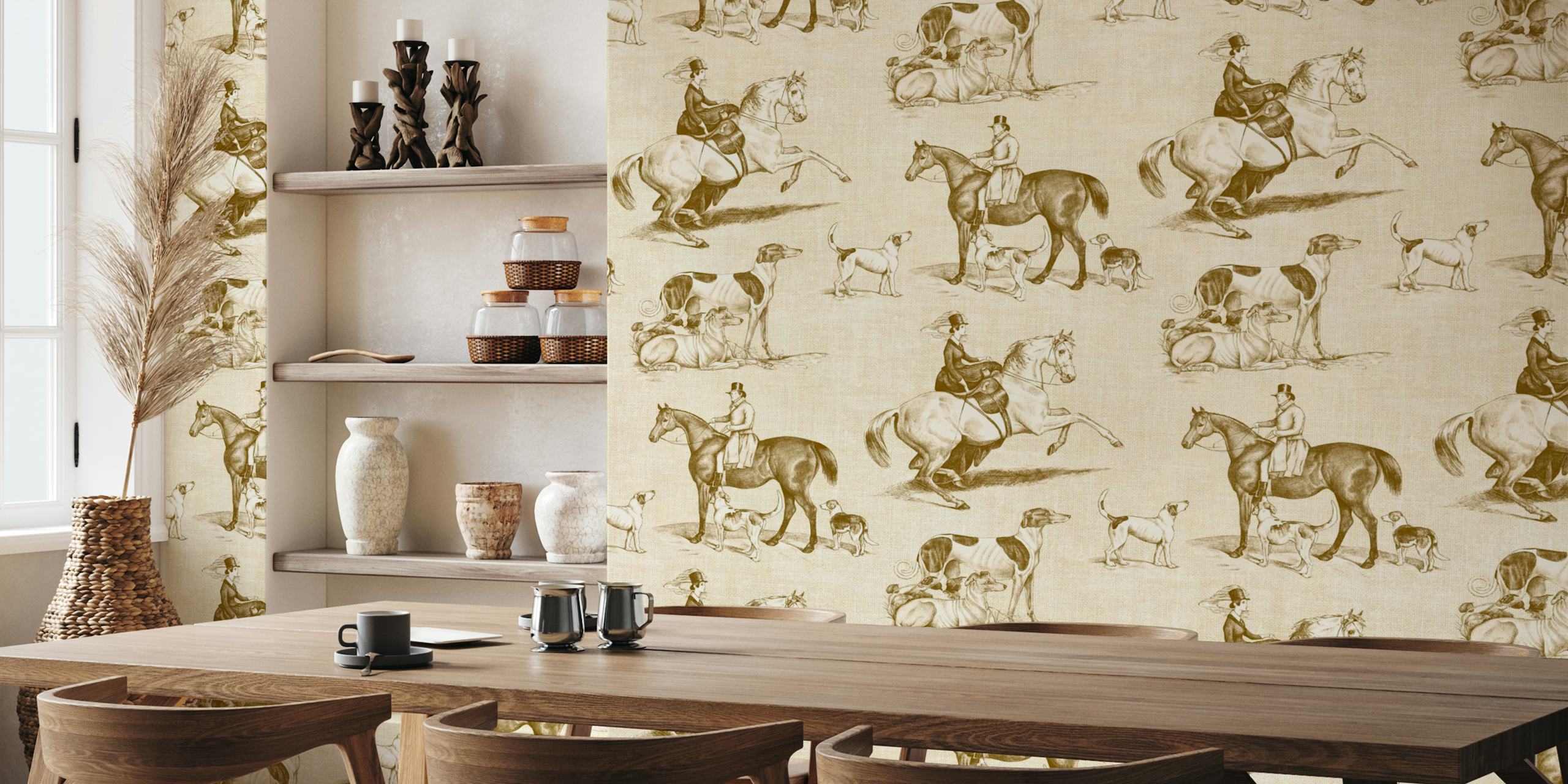 Vintage equestrian scene with horses and dogs in goldenrod wallpaper