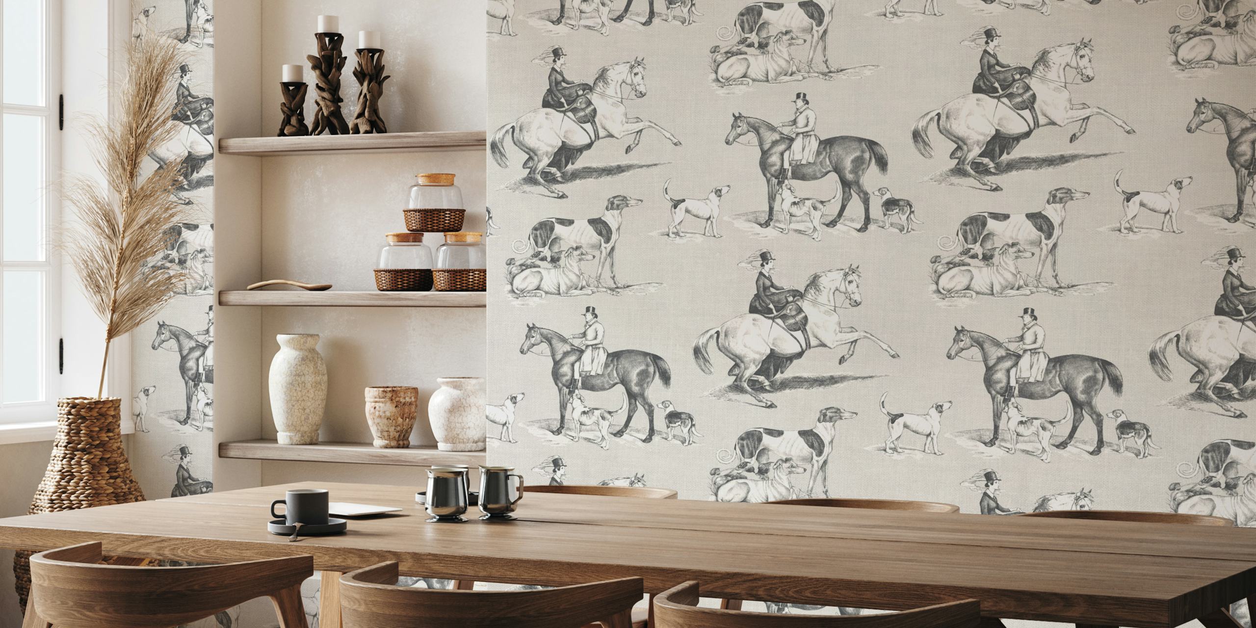 Equestrian toile wallpaper in soft grey