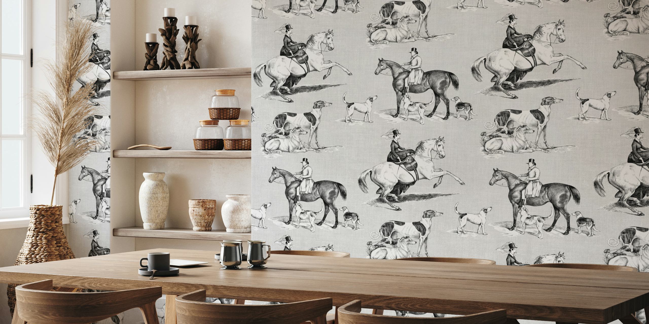 Black and white equestrian toile wallpaper