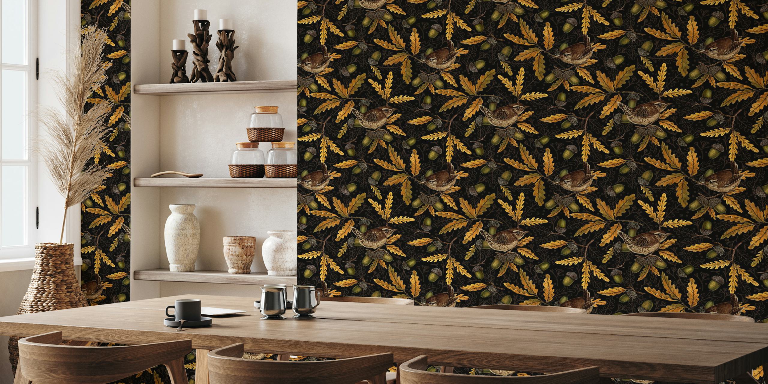 Wrens and acorns wallpaper design