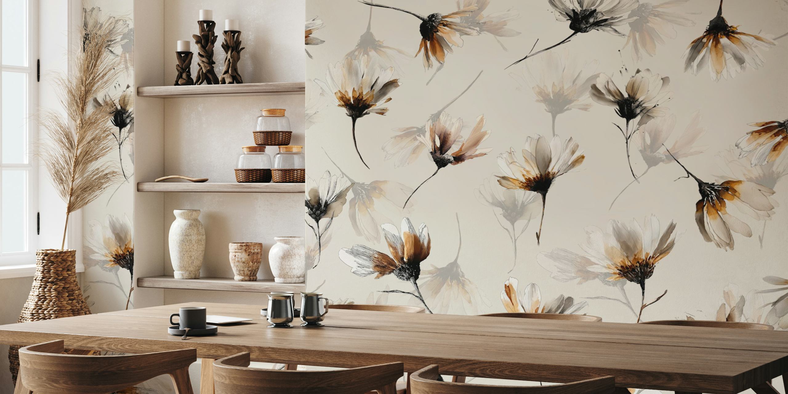 Floral pattern in beige and brown tones, elegant wallpaper