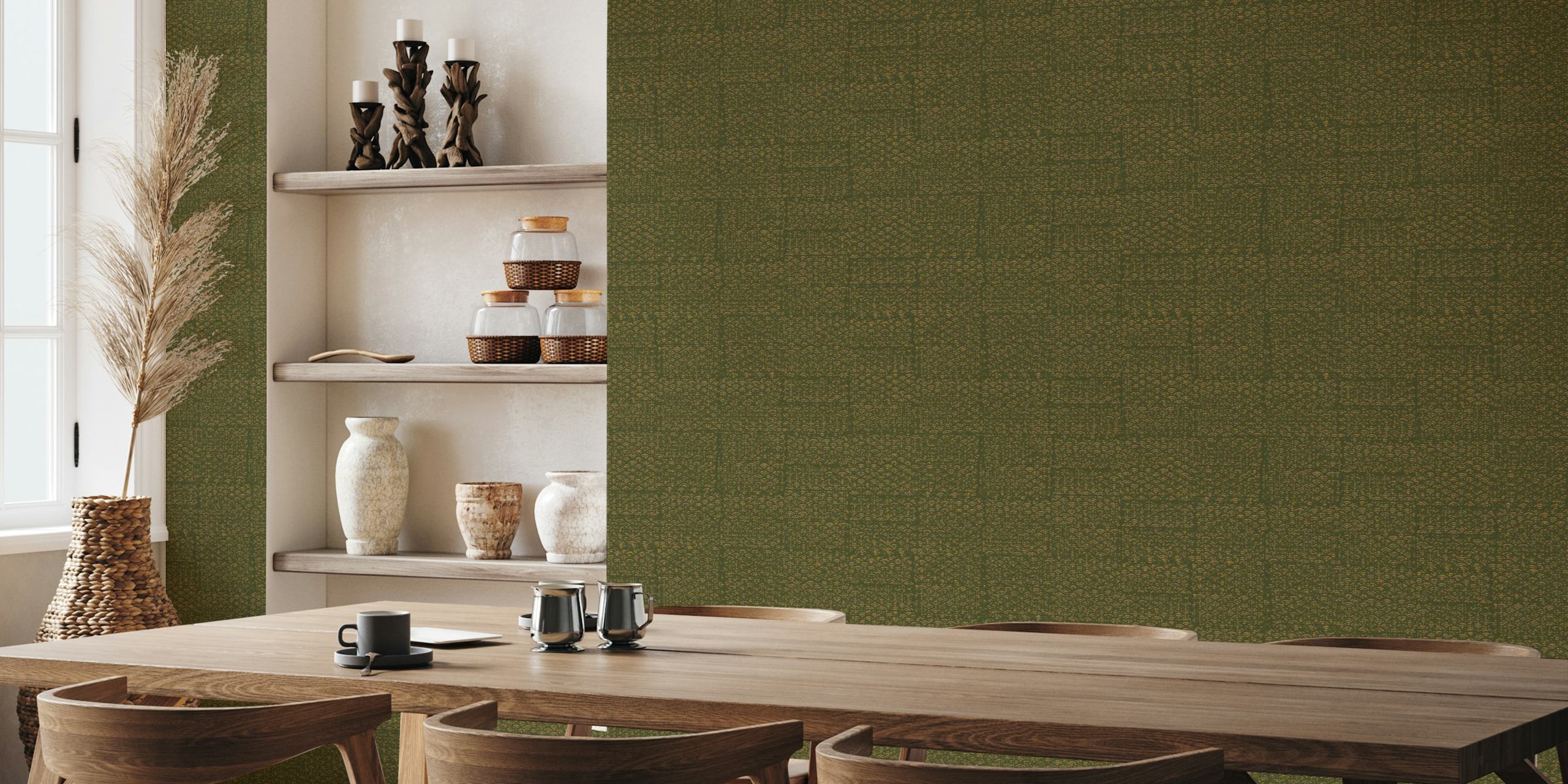Papel tapiz Rustic Japandi Wave Block Printed en una habitación