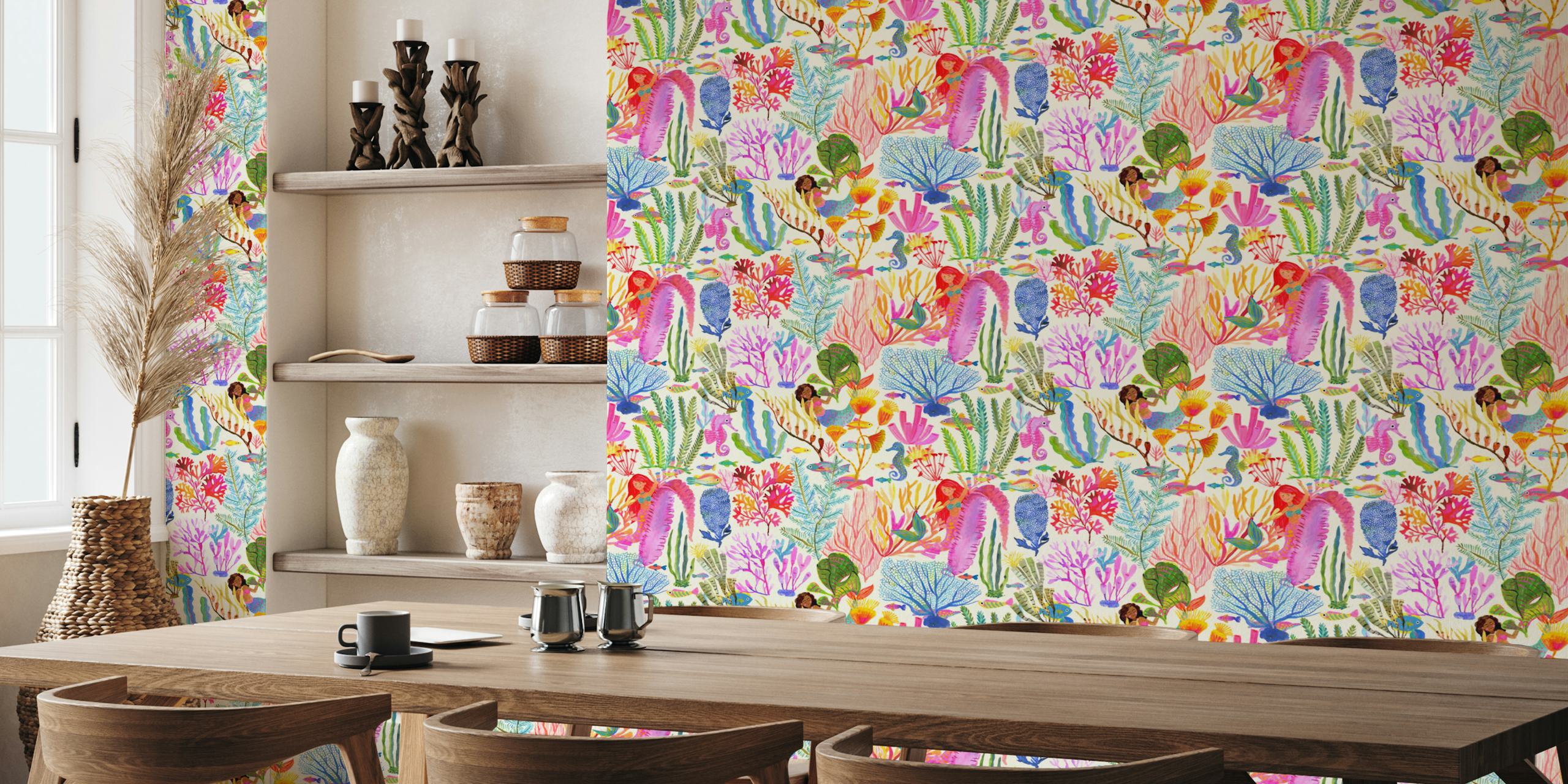 Mermaids, sea plants, fish in vibrant colors cream wallpaper