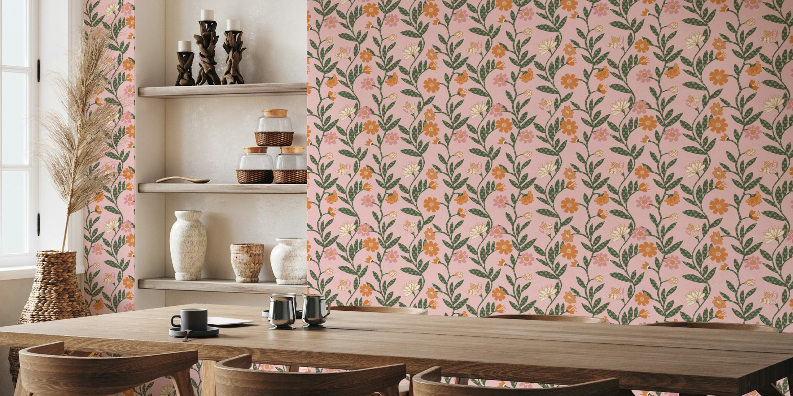 Floral vine wallpaper displayed in a room