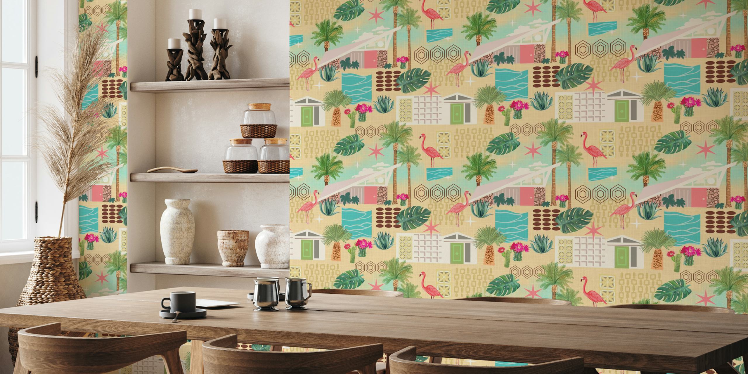 Tropical palm leaves, pink flamingoes, geometric shapes wallpaper