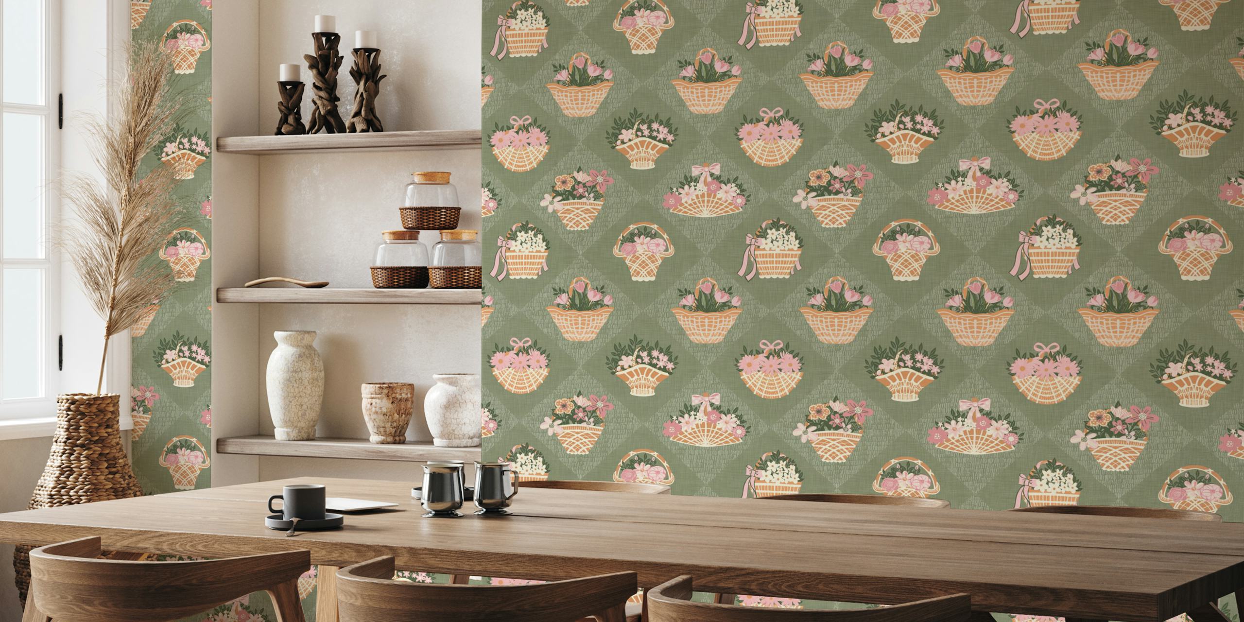 Ταπετσαρία Appliqué Cottagecore Baskets σε δωμάτιο