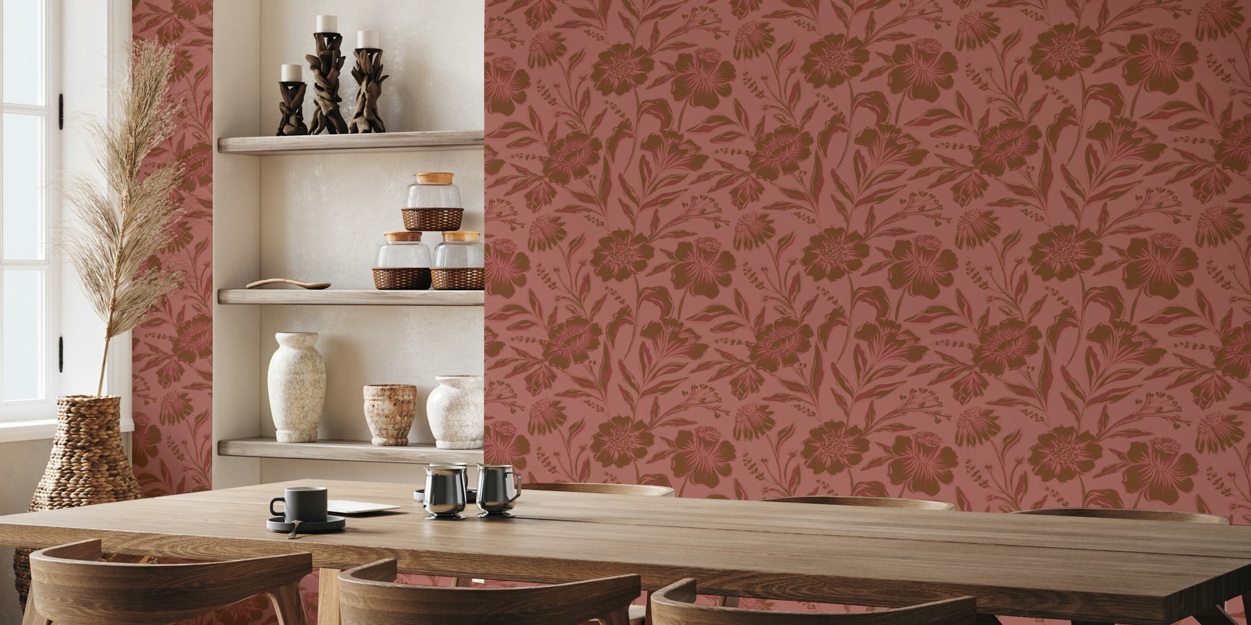Floral patterns in rusty red with green leaves wallpaper