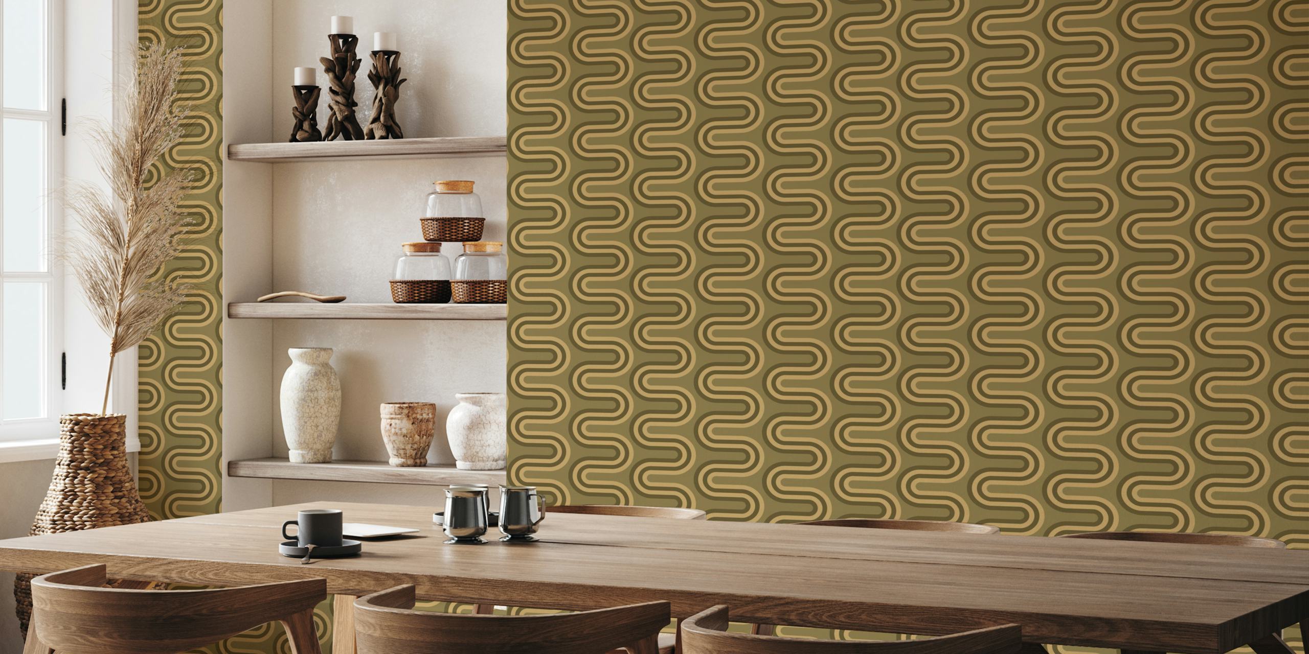 Curved zig-zag stripes in brown and beige wallpaper