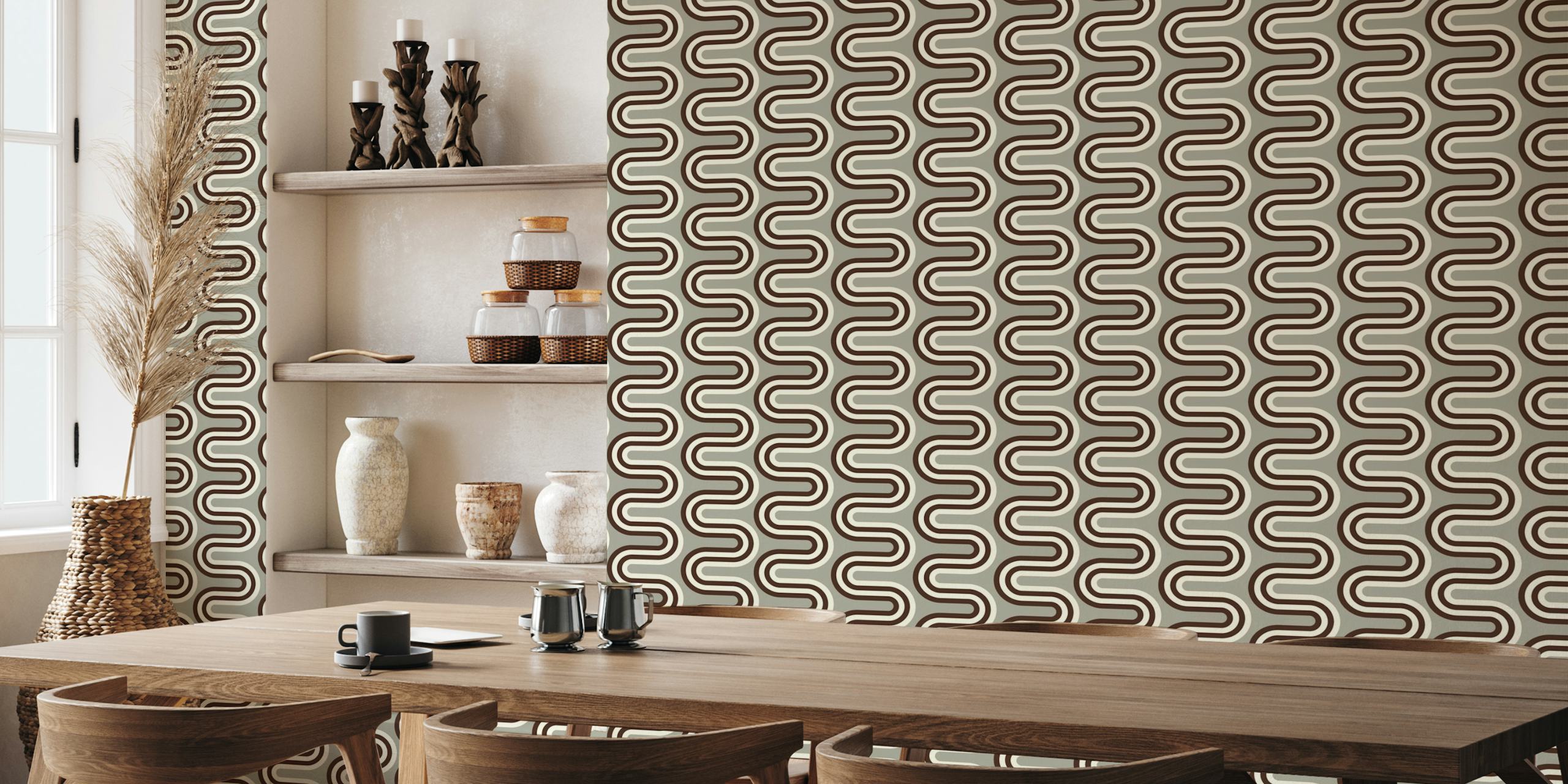 Gray and black zig-zag curved stripes patterned wallpaper