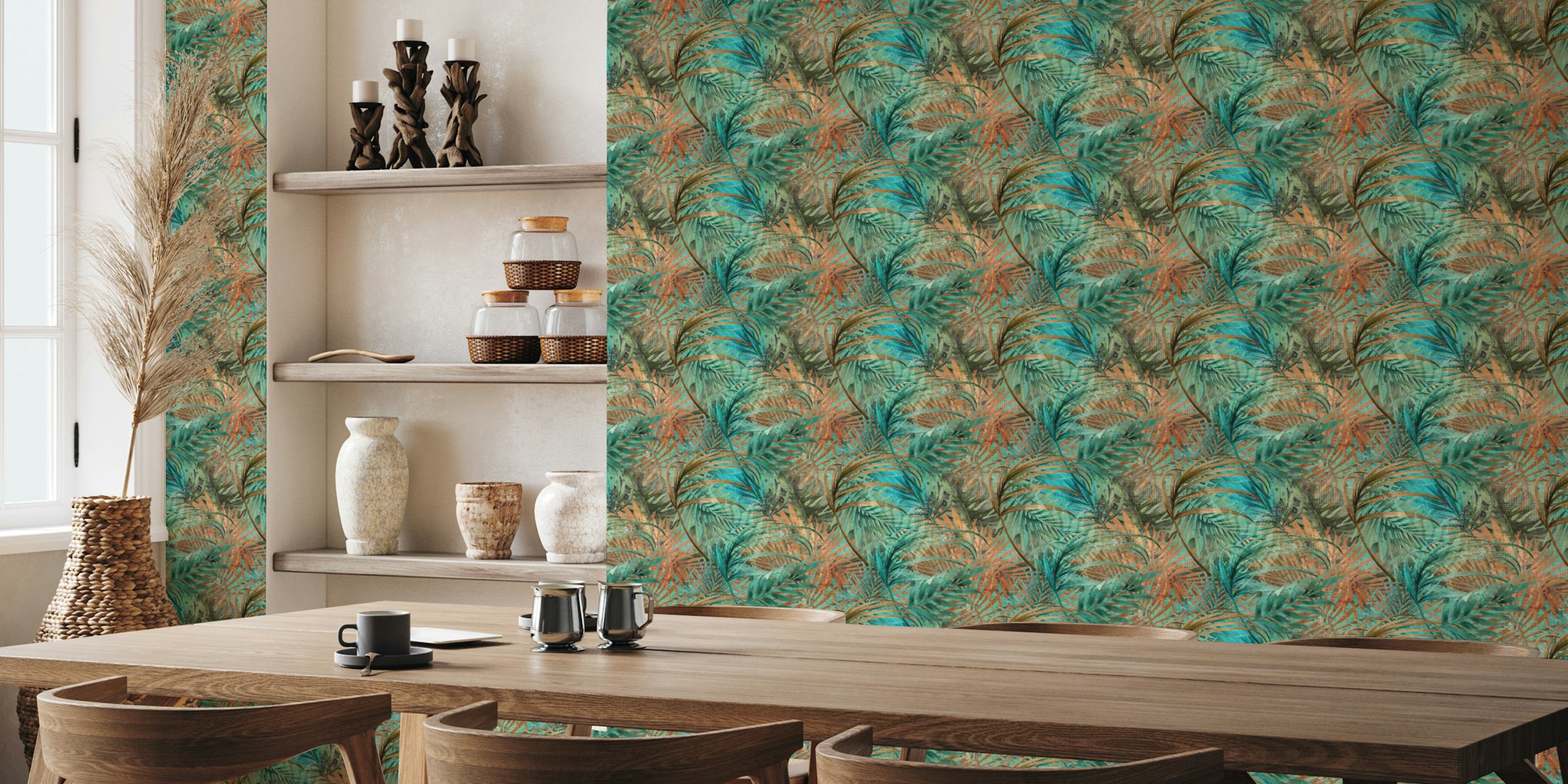 Brown turquoise palmera leaves ταπετσαρία σε ένα δωμάτιο