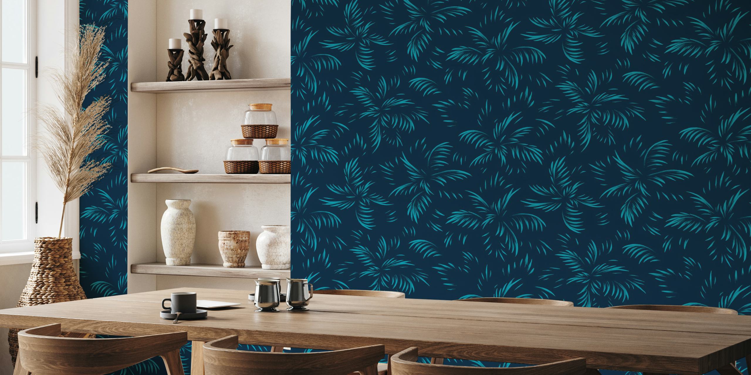 Palm leaf wallpaper on dark blue background in a room