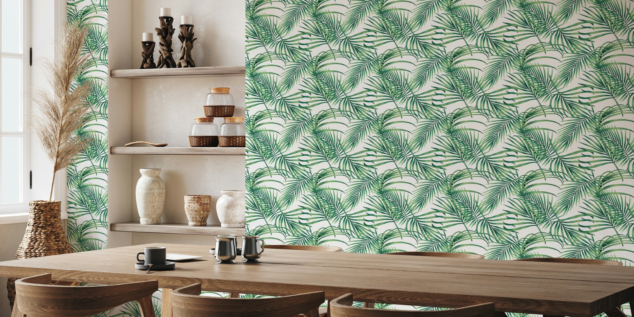 Tropical green leaves on a white background wallpaper