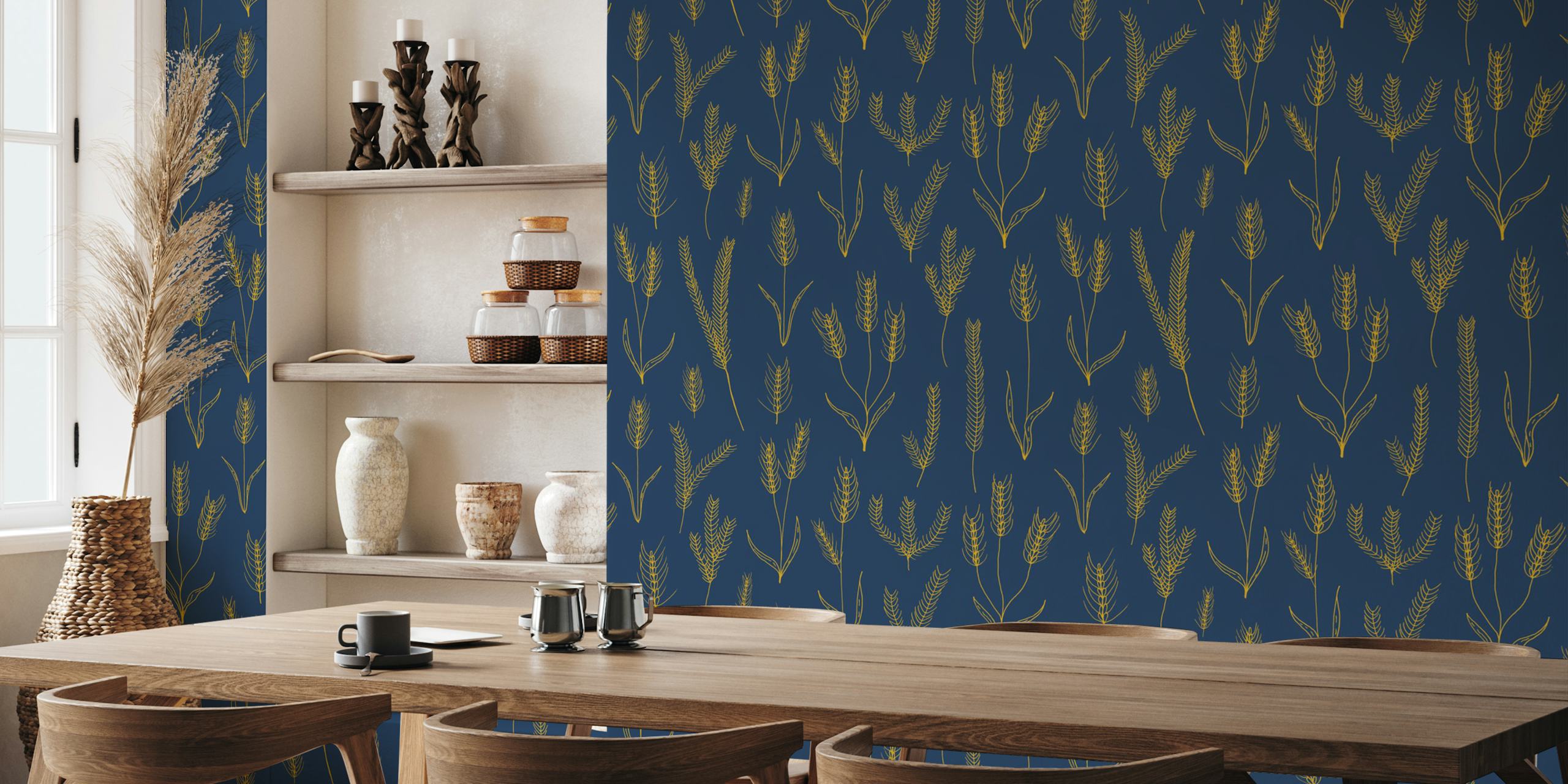 Navy blue wallpaper with yellow wheat floral pattern