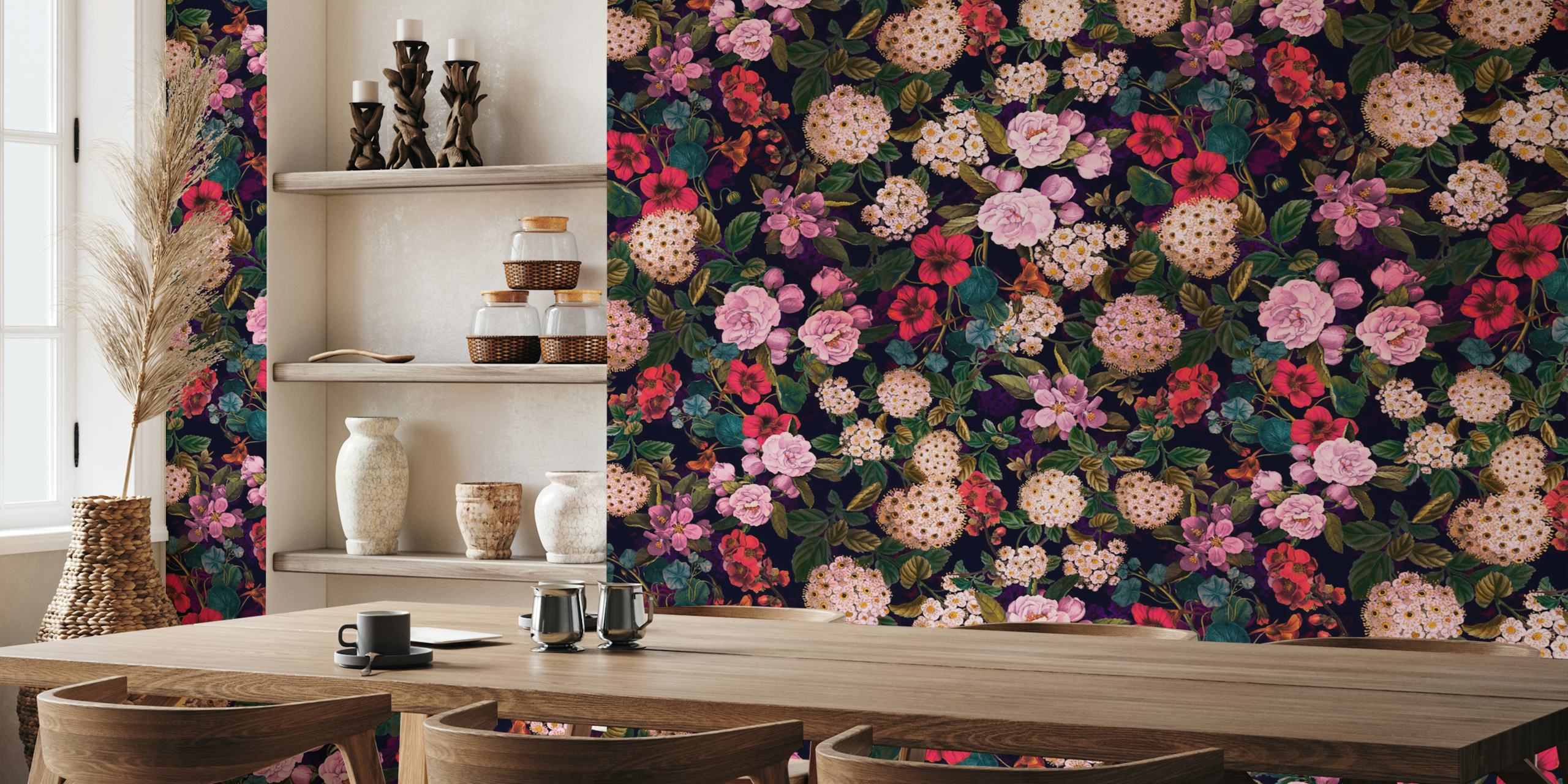 Colorful floral patterns in pink and purple on a dark background wallpaper
