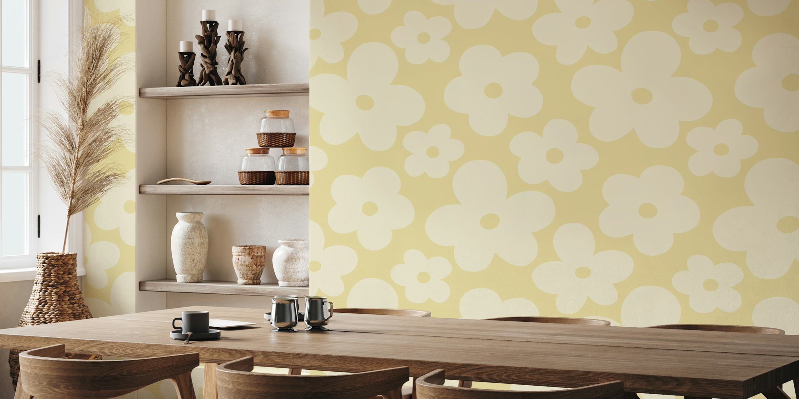 Yellow floral pattern wallpaper featuring large white flowers