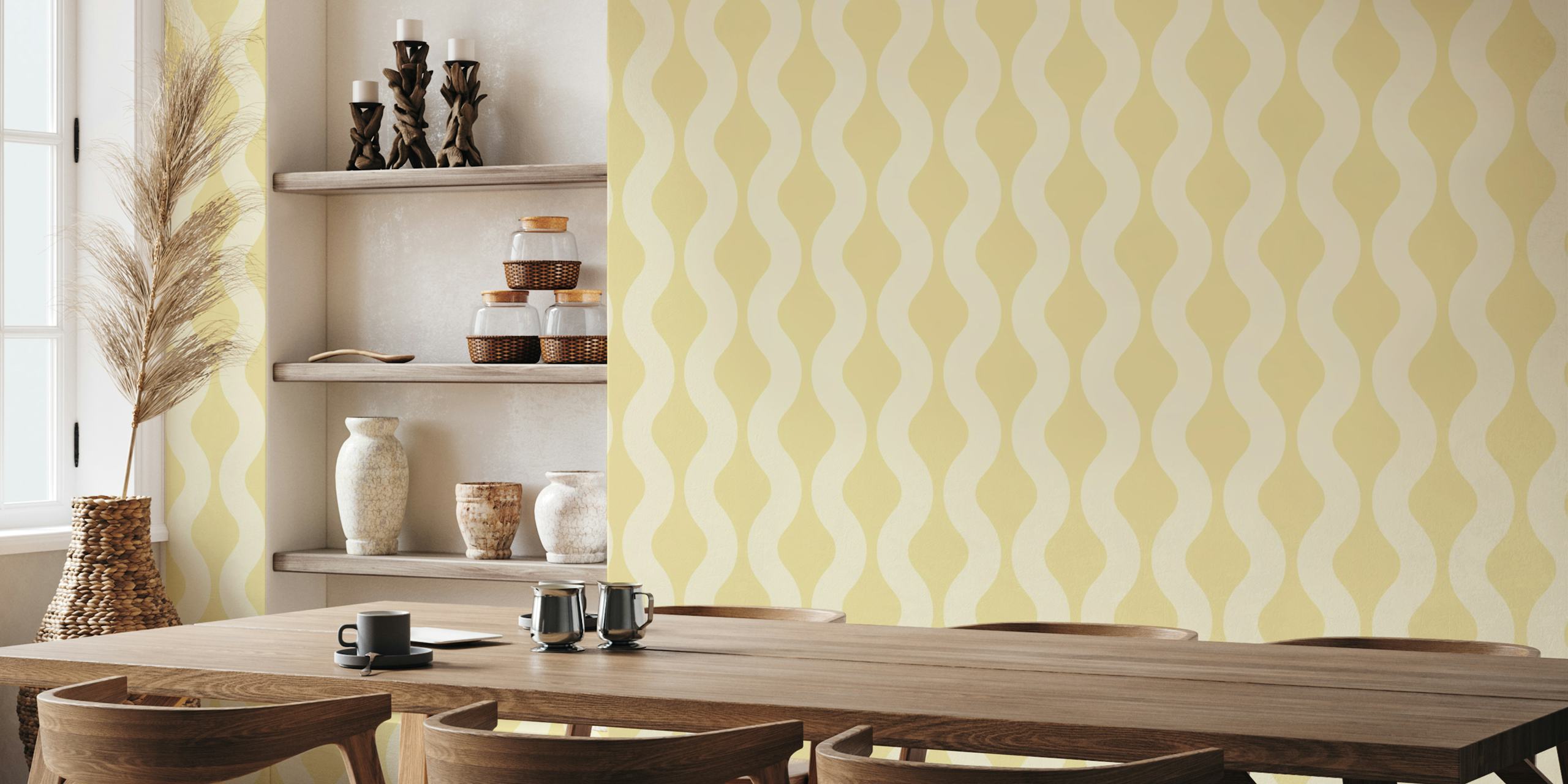 Monochrome Butter Yellow Modern Waves wallpaper in room