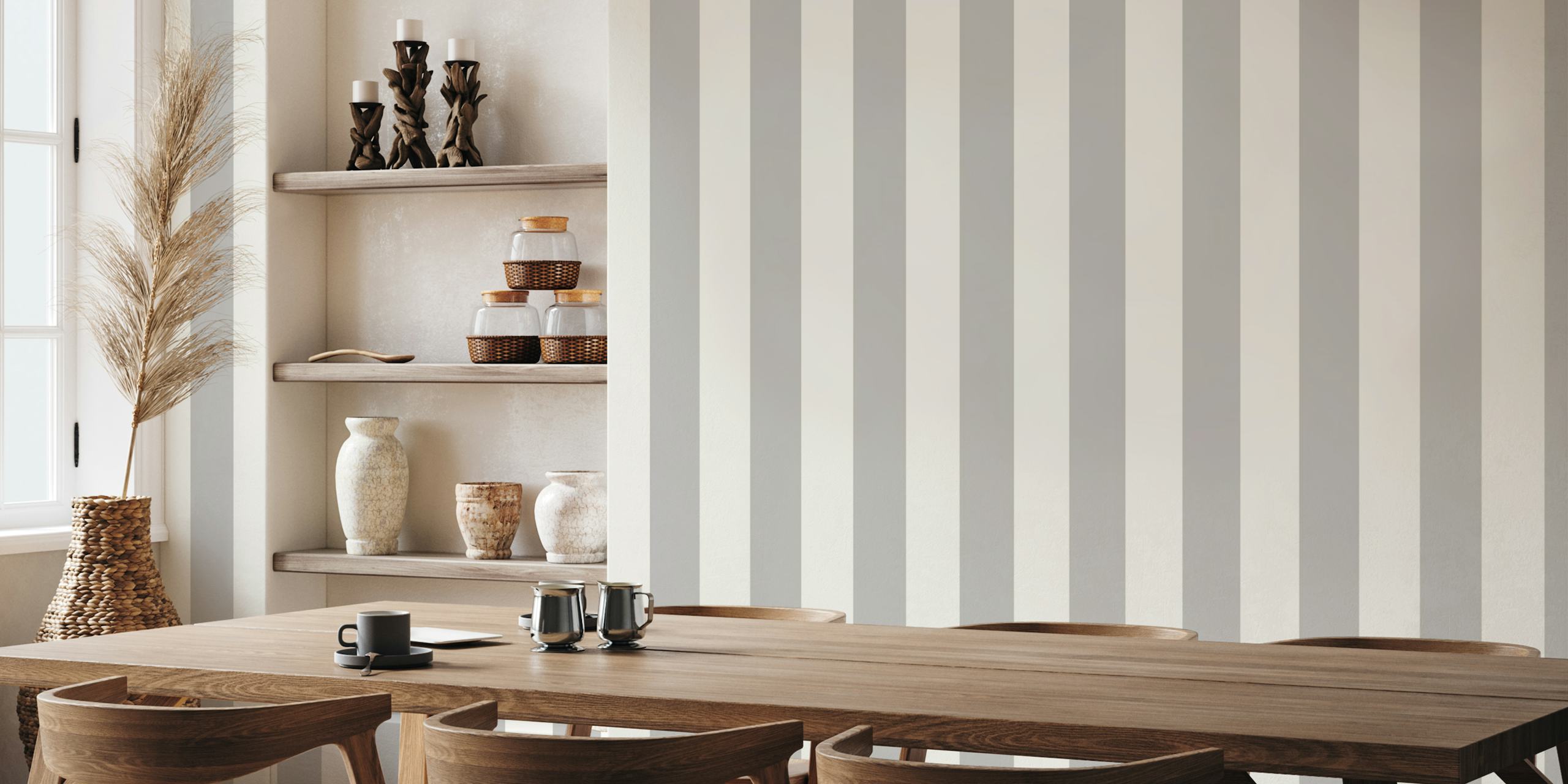 Warm grey and off white striped wallpaper
