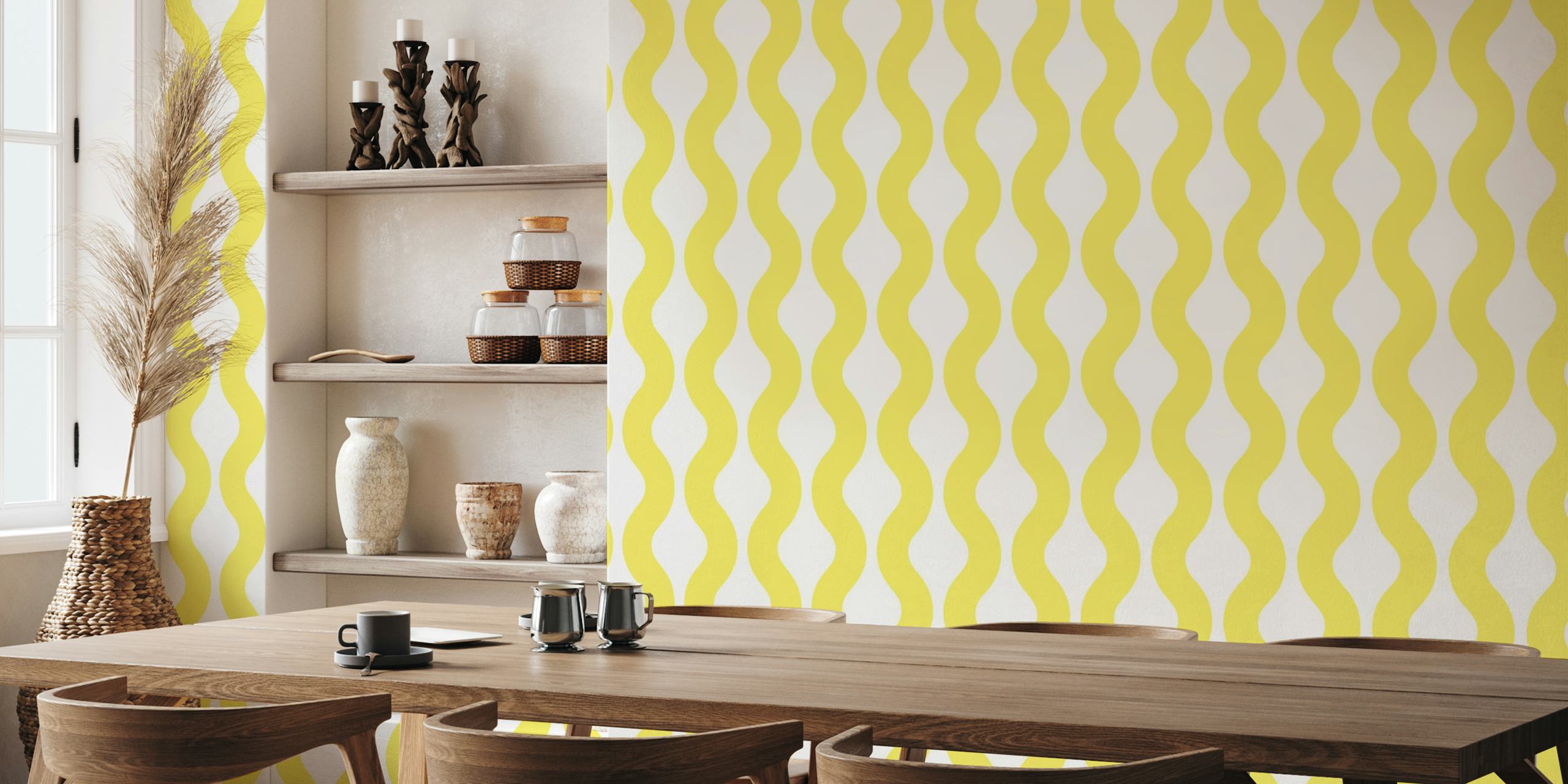 Pastel butter yellow waves wallpaper in a room
