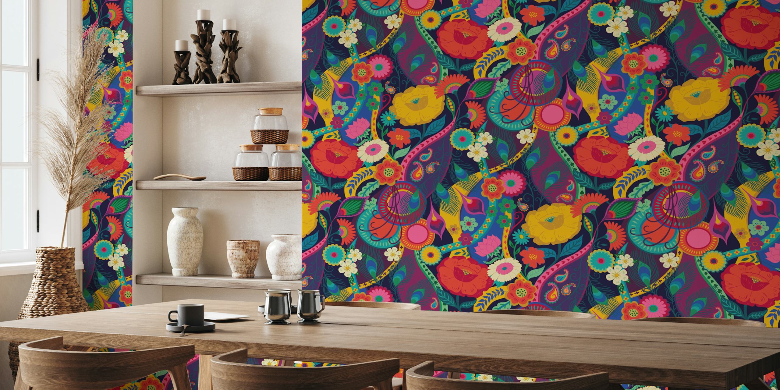 Opulent Bohemian 70s Glam Floral wallpaper in a room