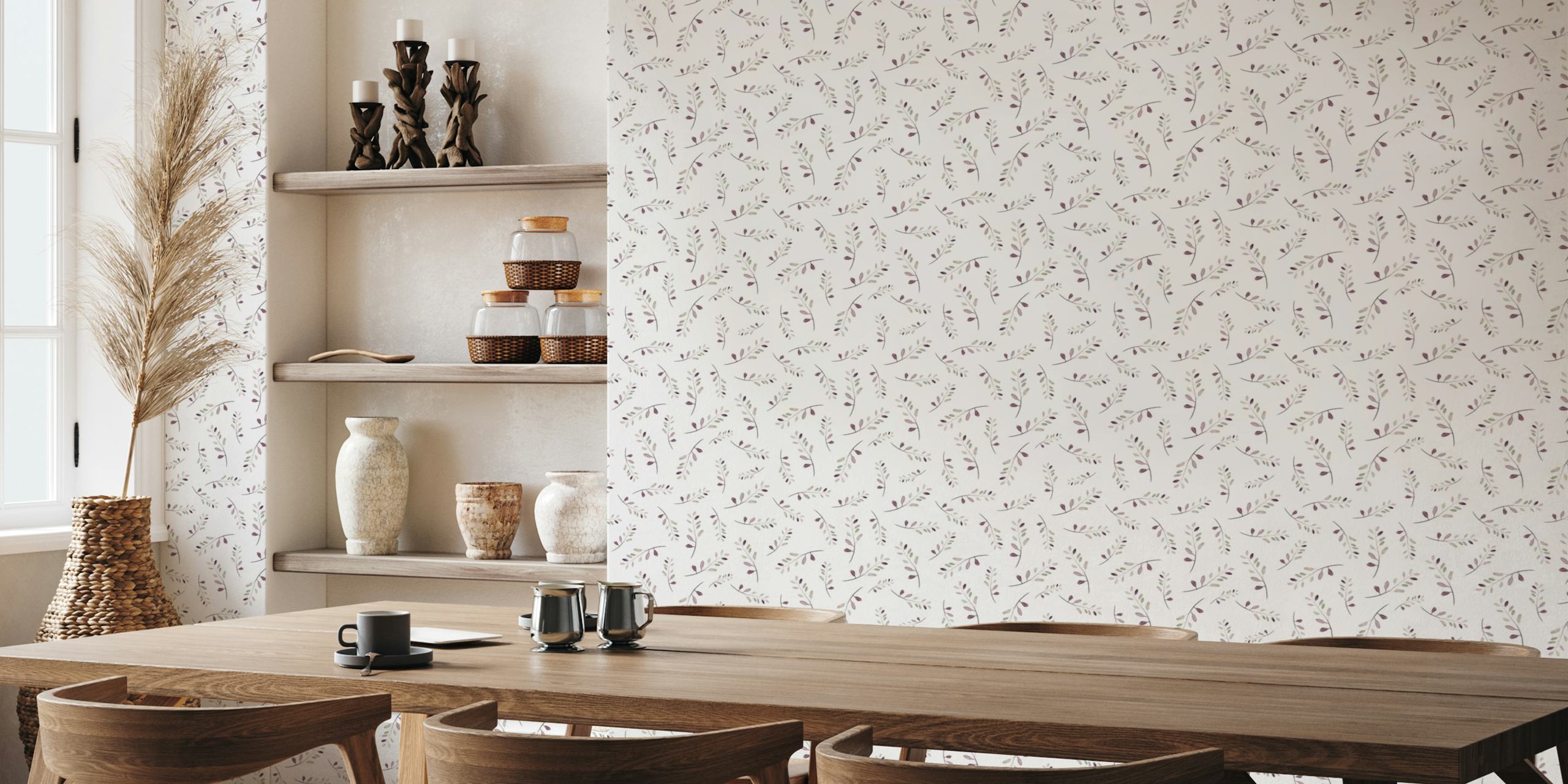 Delicate leafy design in purple and green tones on white wallpaper